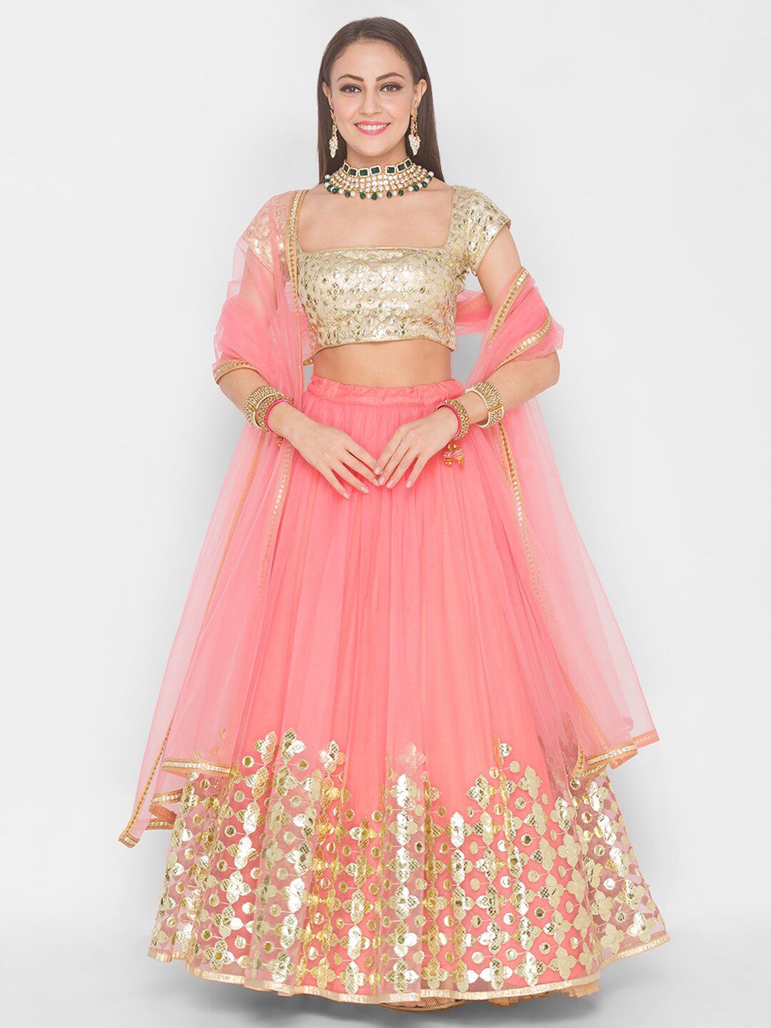 6Y COLLECTIVE Pink & Gold-Toned Semi-stitched Lehenga-unstitched blouse & stitched dupatta