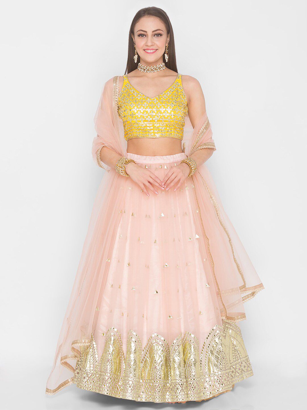 6Y COLLECTIVE Peach-Coloured & Yellow Embroidered Sequinned Semi-Stitched Lehenga Choli Price in India