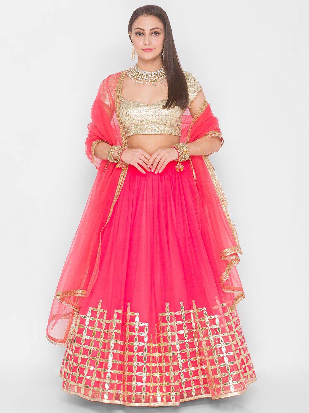 6Y COLLECTIVE Pink & Gold-Toned Embroidered Sequinned Semi-Stitched Lehenga Choli Price in India