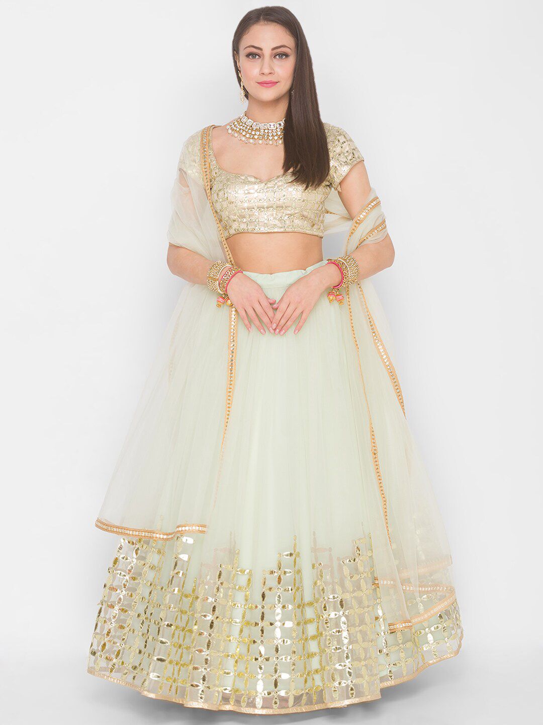 6Y COLLECTIVE Off White & Gold-Toned Embroidered Sequinned Semi-Stitched Lehenga Choli Price in India