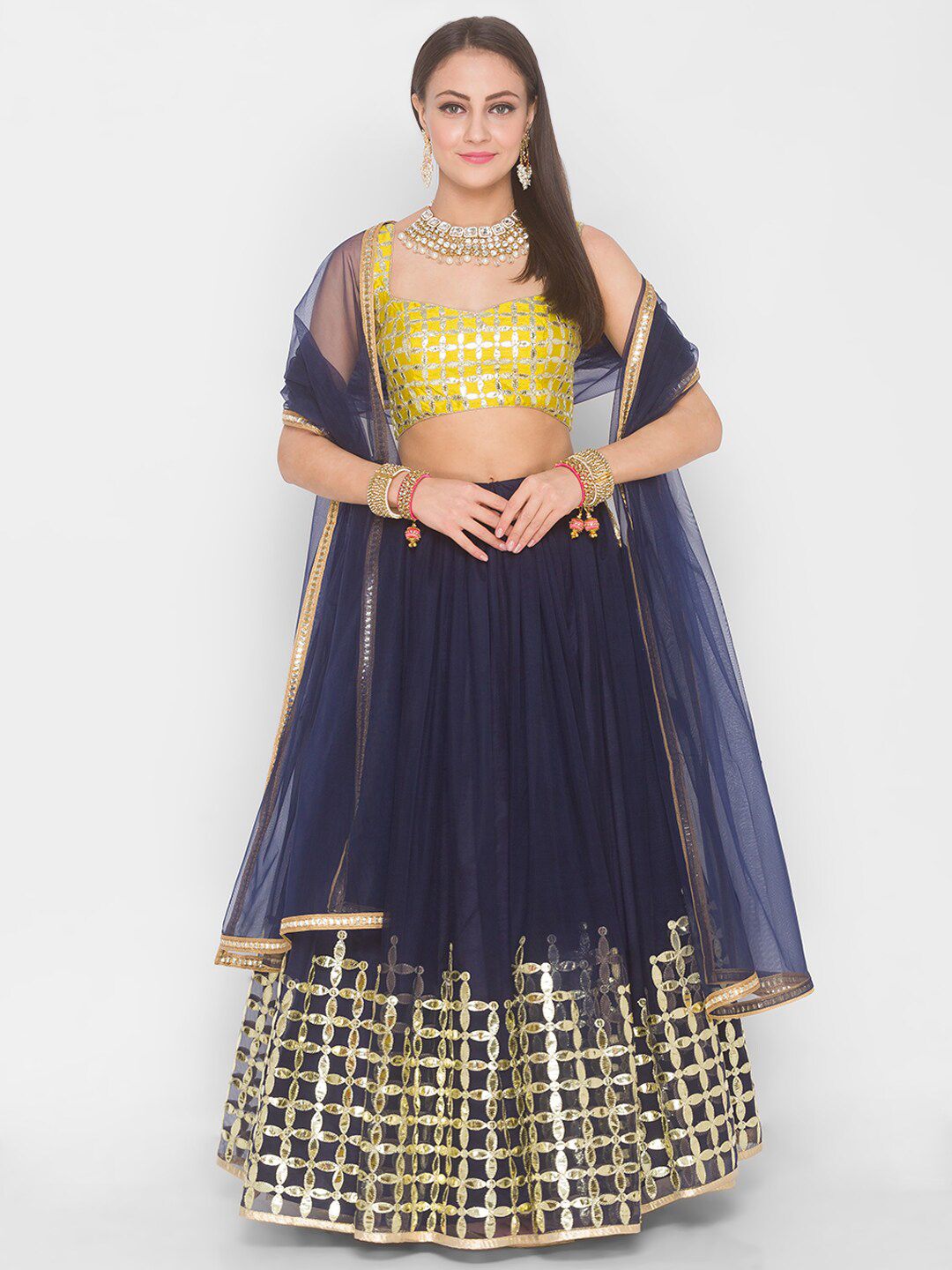 6Y COLLECTIVE Navy Blue & Yellow Embroidered Sequinned Semi-Stitched Lehenga Choli