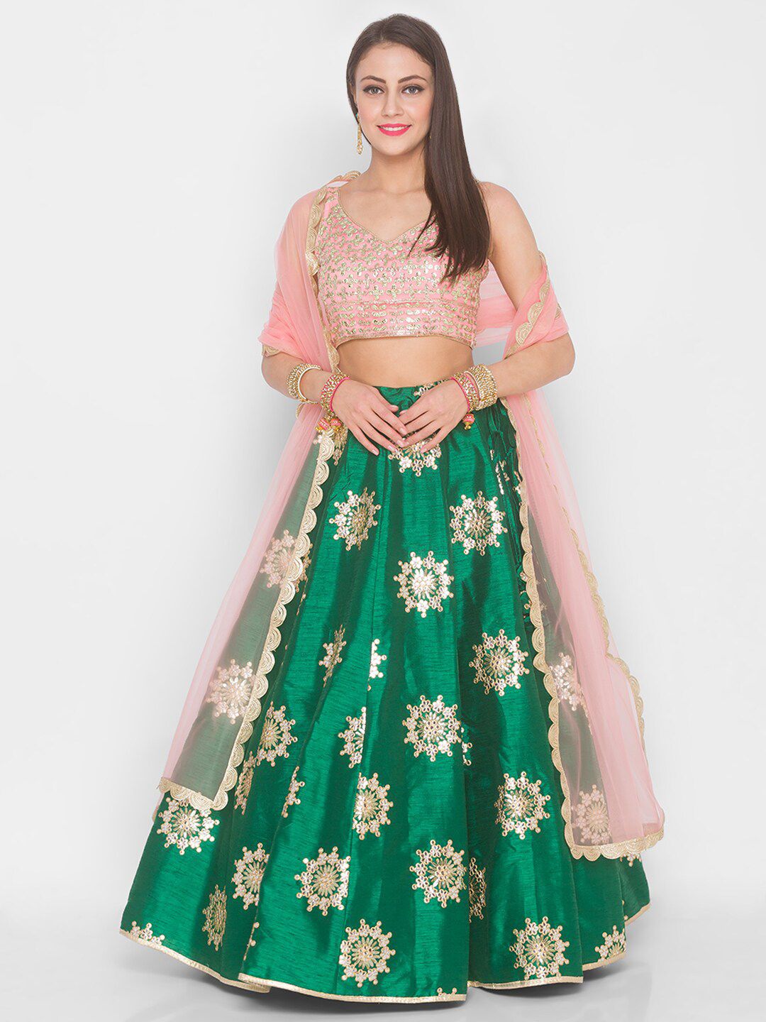 6Y COLLECTIVE Green & Pink Embroidered Sequinned Semi-Stitched Lehenga Choli Price in India