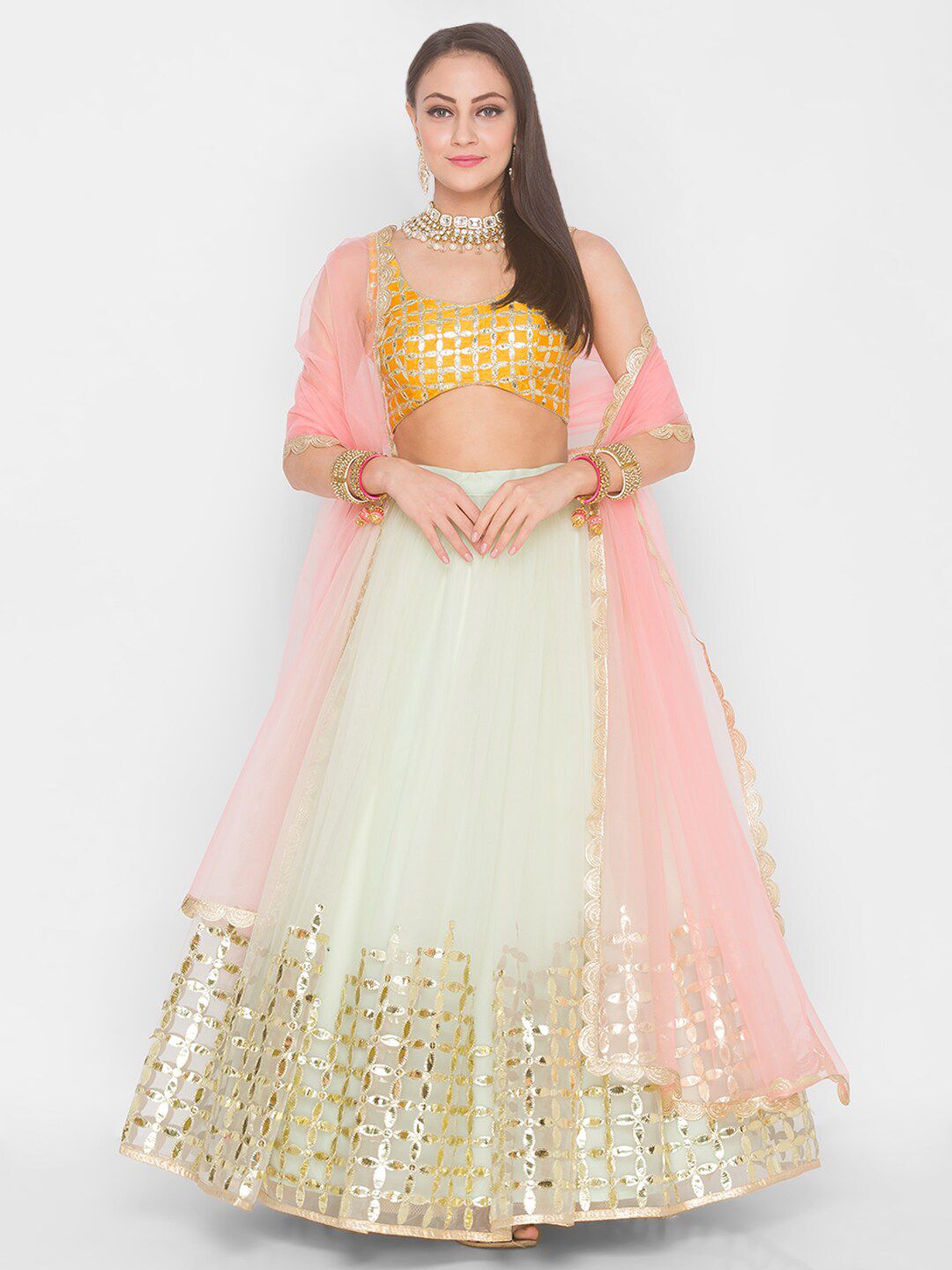 6Y COLLECTIVE Cream-Coloured & Mustard Embroidered Sequinned Semi-Stitched Lehenga Choli Price in India