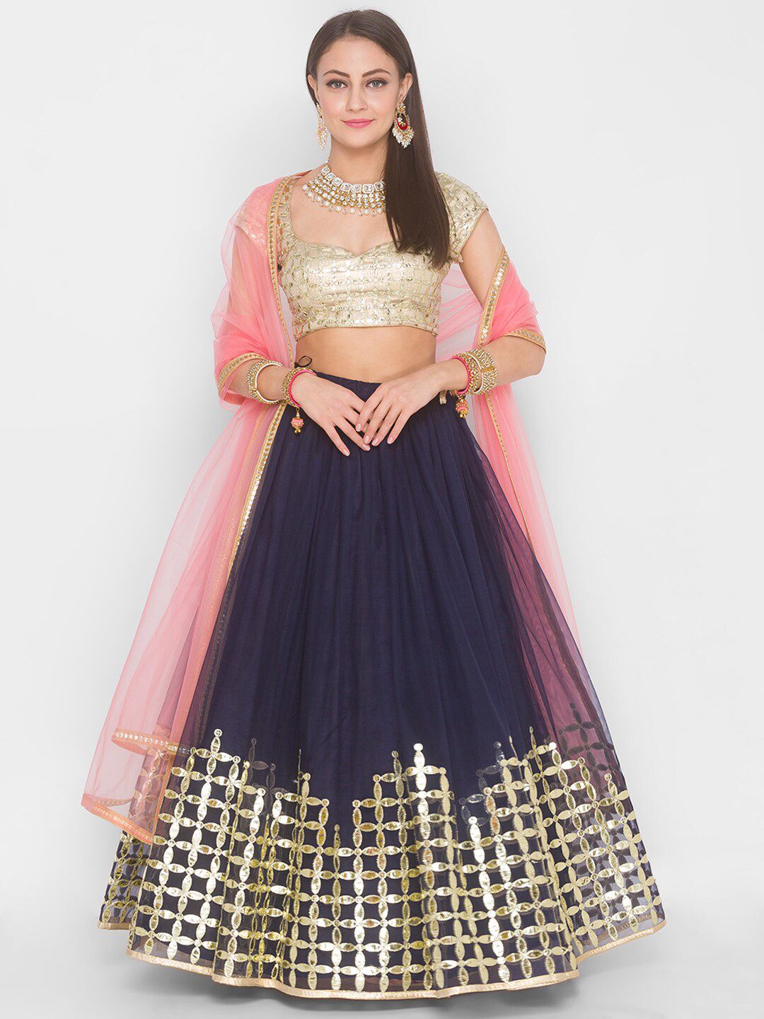 6Y COLLECTIVE Navy Blue & Pink Embroidered Sequinned Semi-Stitched Lehenga & Unstitched Blouse With Dupatta Price in India
