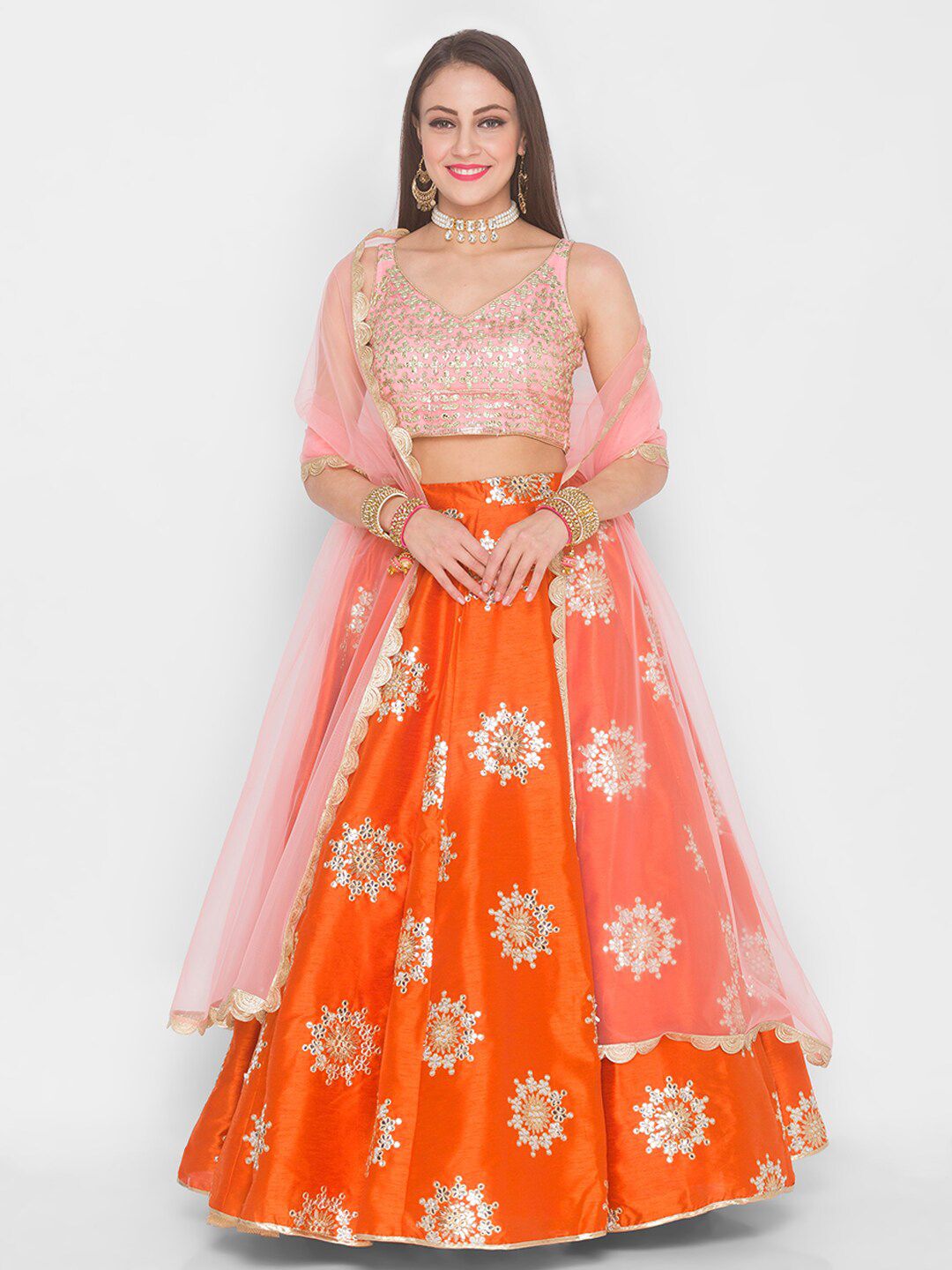 6Y COLLECTIVE Orange & Pink Embroidered Sequinned Semi-Stitched Lehenga & Unstitched Blouse With Dupatta Price in India