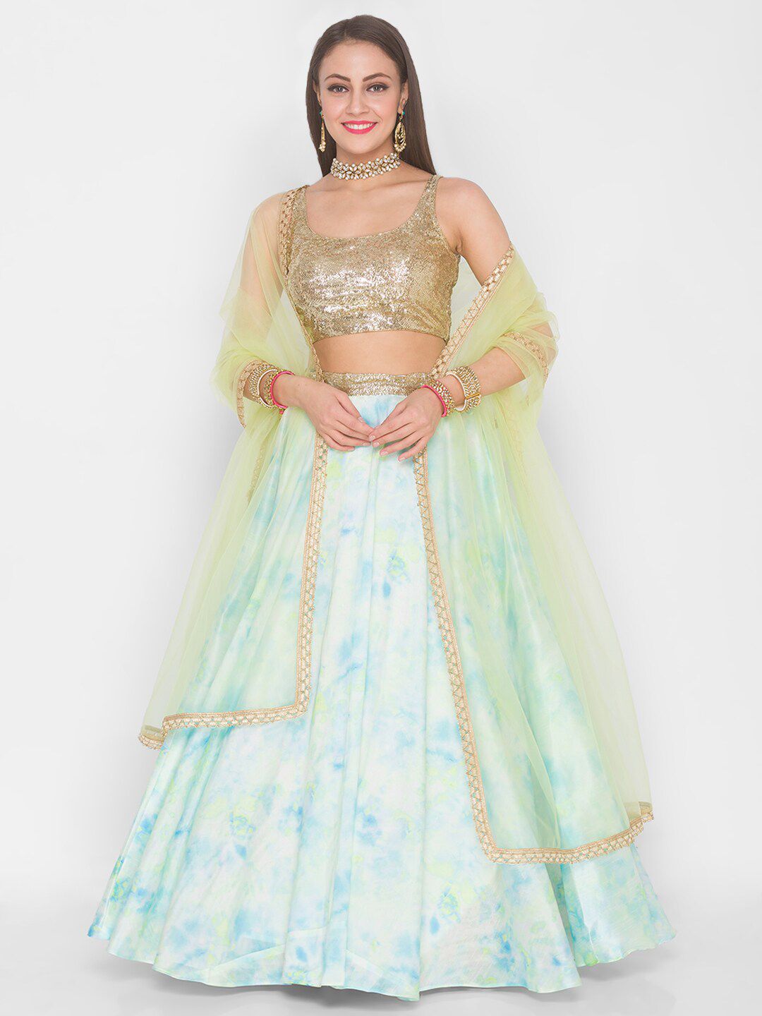 6Y COLLECTIVE Sea Green & Gold-Toned Embroidered Sequinned Semi-Stitched Lehenga & Unstitched Blouse With Price in India