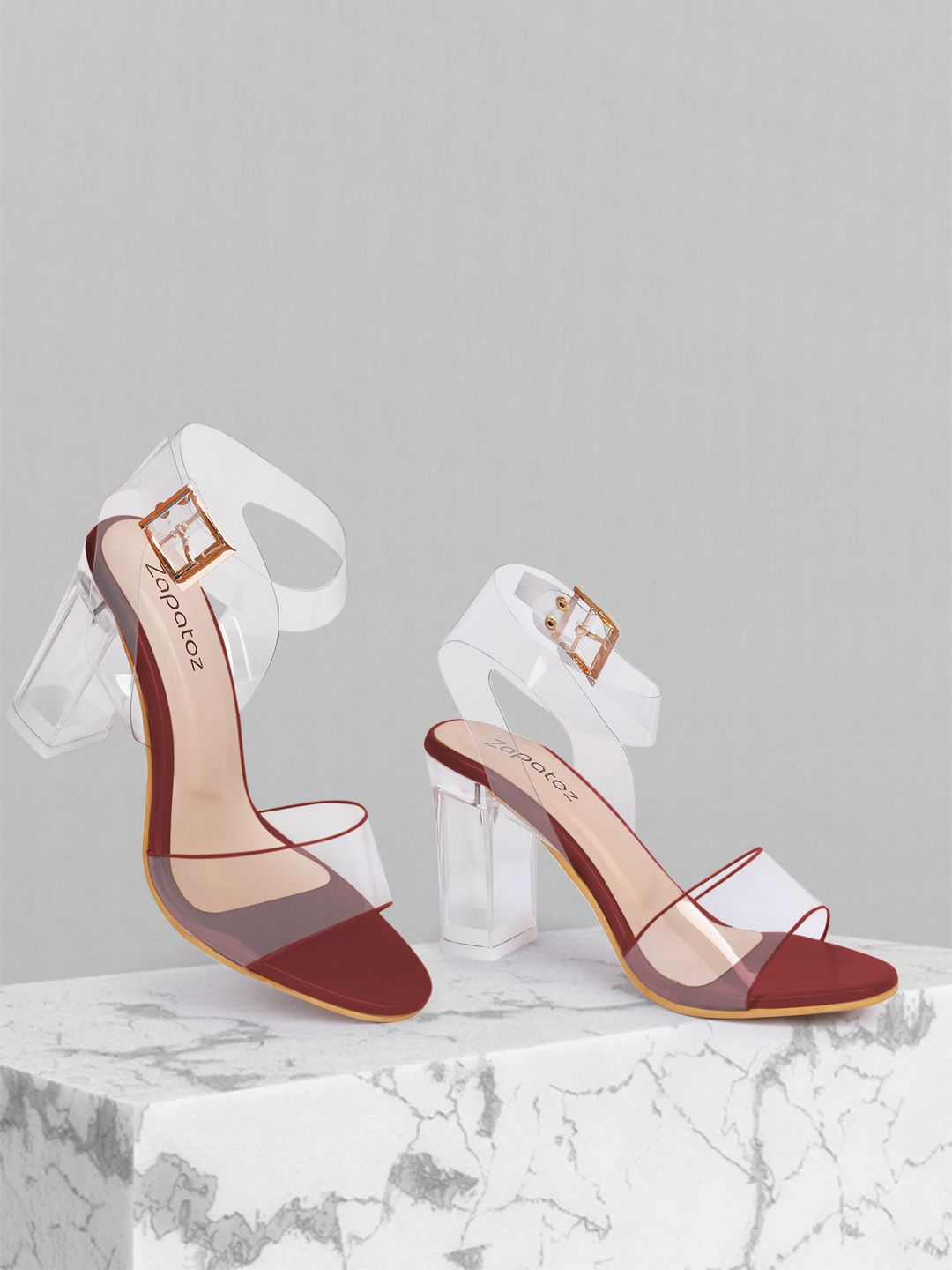 ZAPATOZ Transparent & Maroon PU Block Heels Price in India