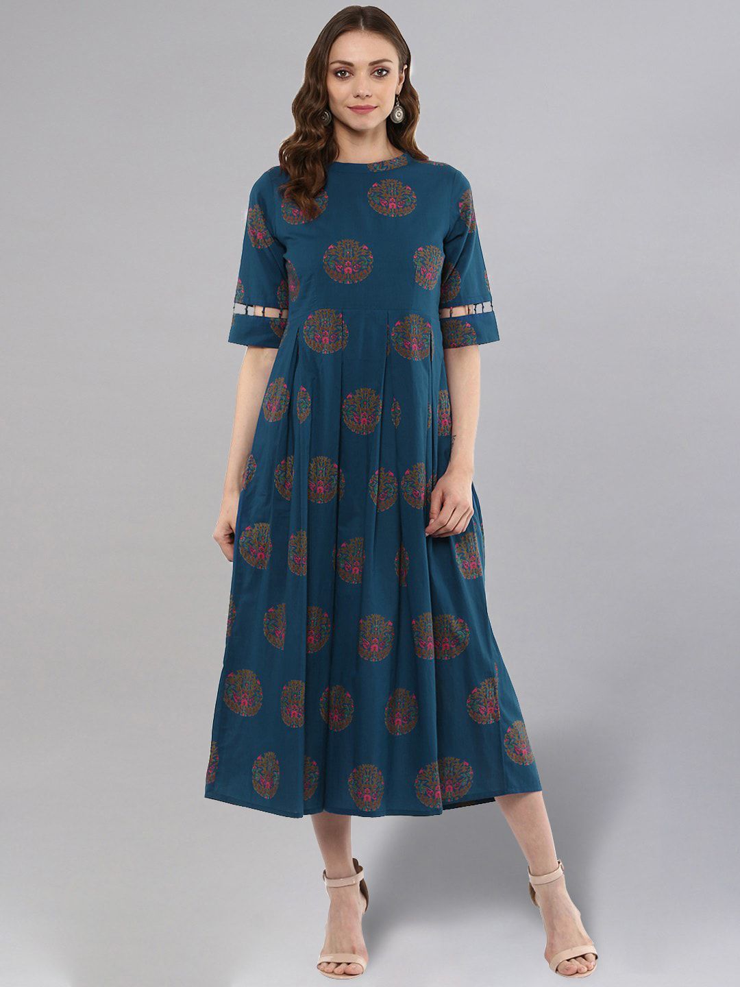 Idalia Blue & Pink Ethnic Motifs Printed Box Pleated A-Line Midi Dress Price in India