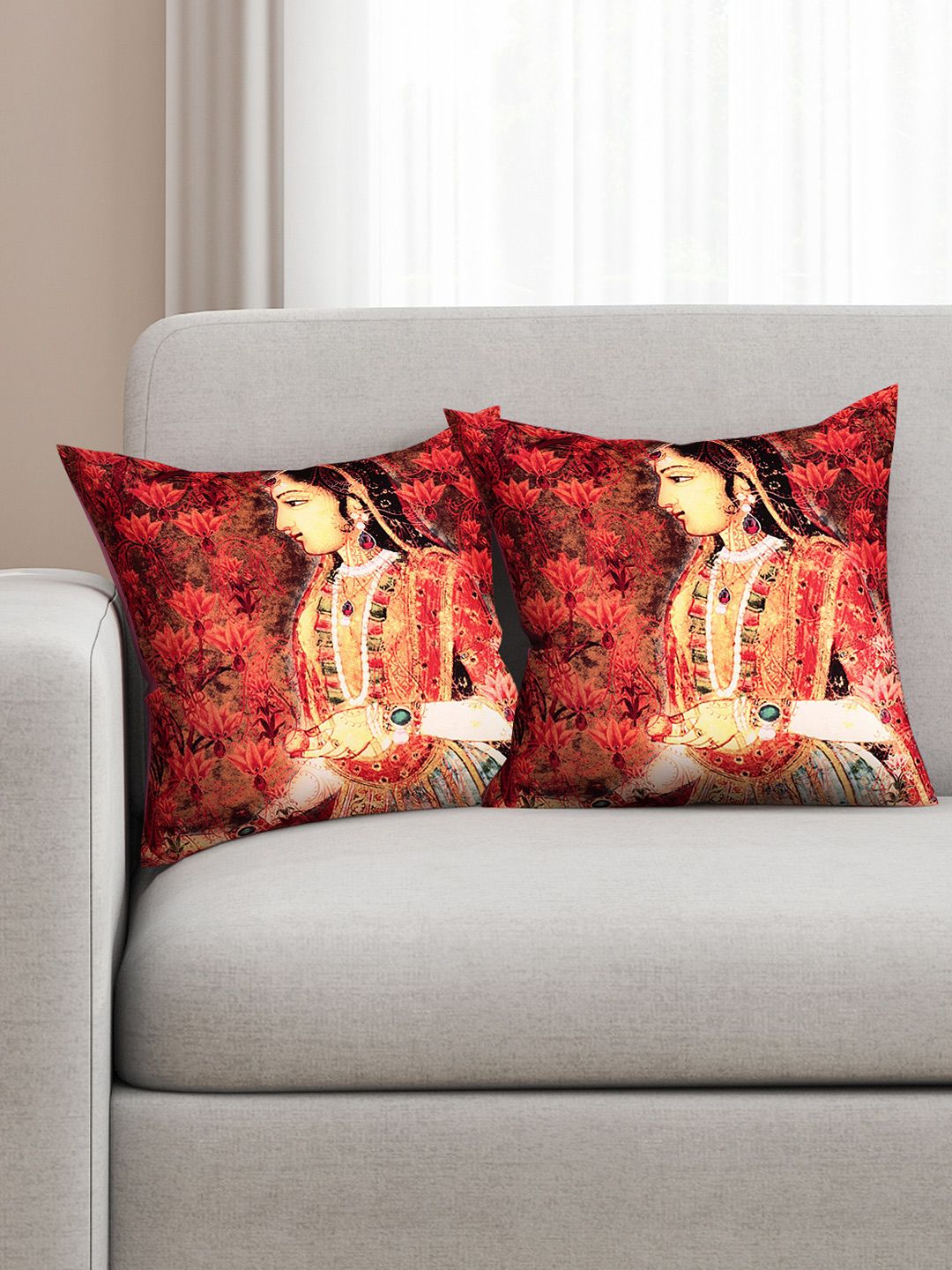SEJ by Nisha Gupta Red Set of 2 Printed 16" X 16" Silk Square Cushion Covers Price in India