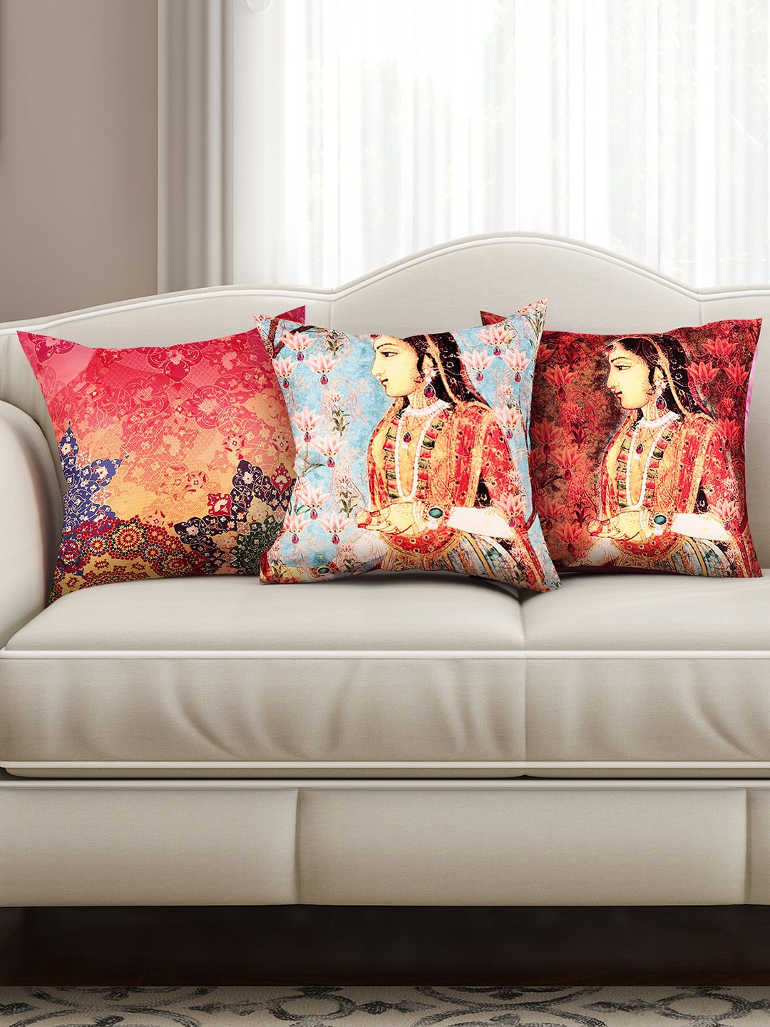 SEJ by Nisha Gupta Multicoloured Set of 3 Printed 16" x 16" Square Cushion Covers Price in India