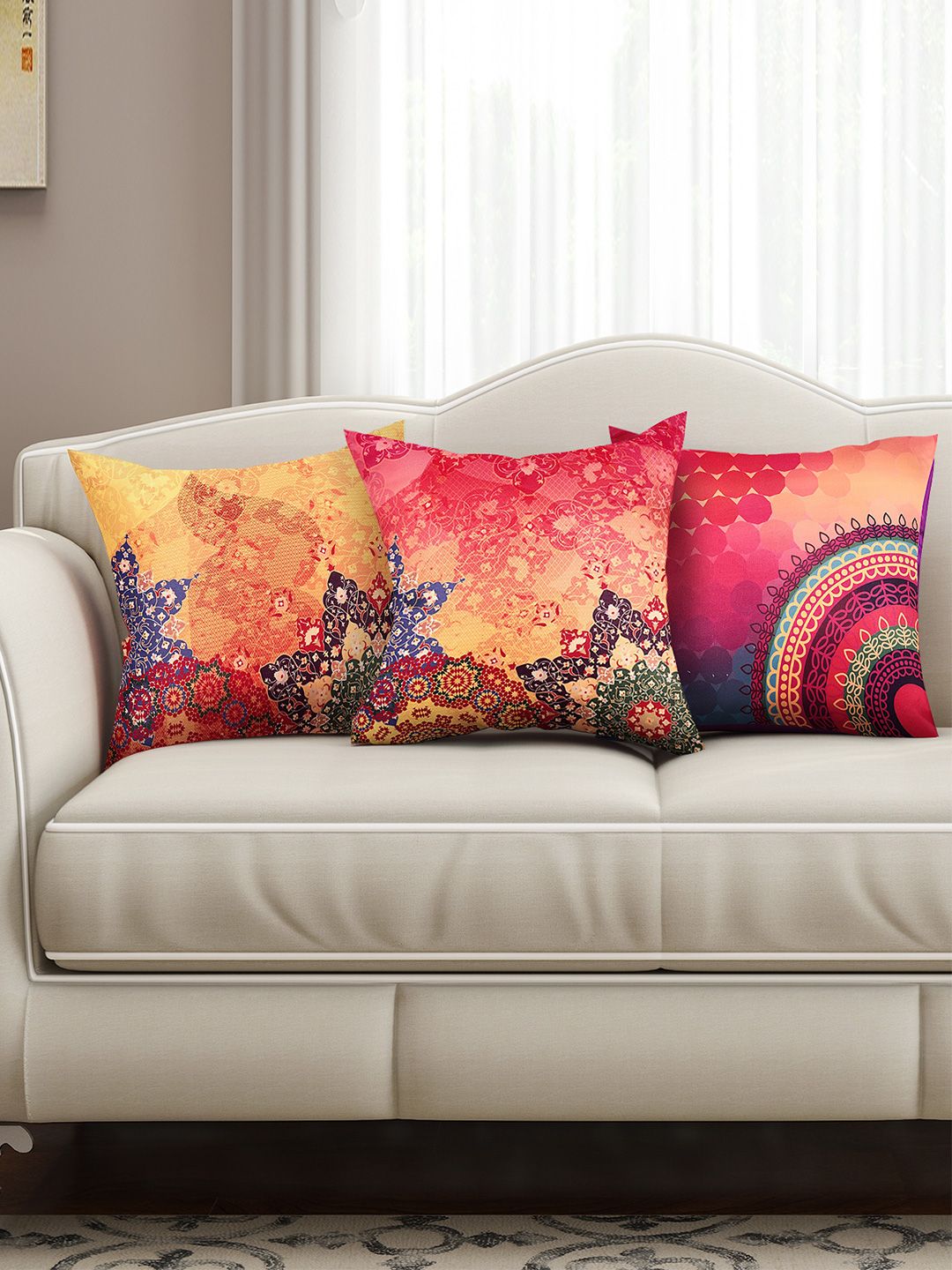 SEJ by Nisha Gupta Multicoloured Set of 3 Printed 16" x 16" Square Cushion Covers Price in India