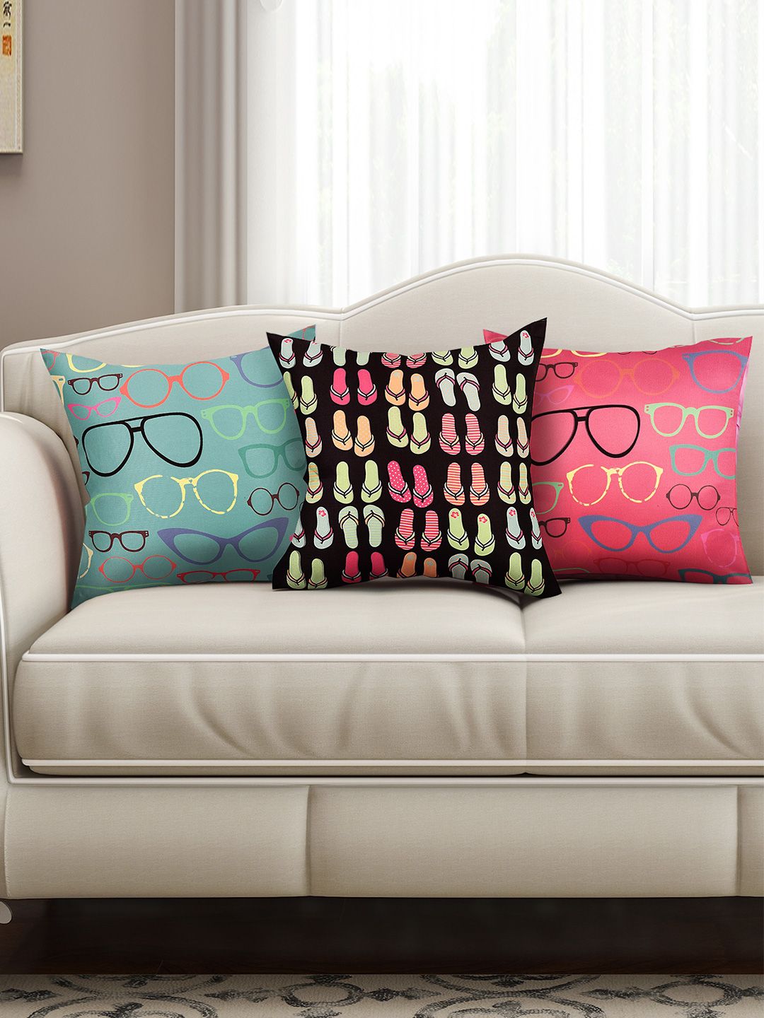 SEJ by Nisha Gupta Multicoloured Set of 3 Printed 16" x 16" Square Cushion Covers Price in India