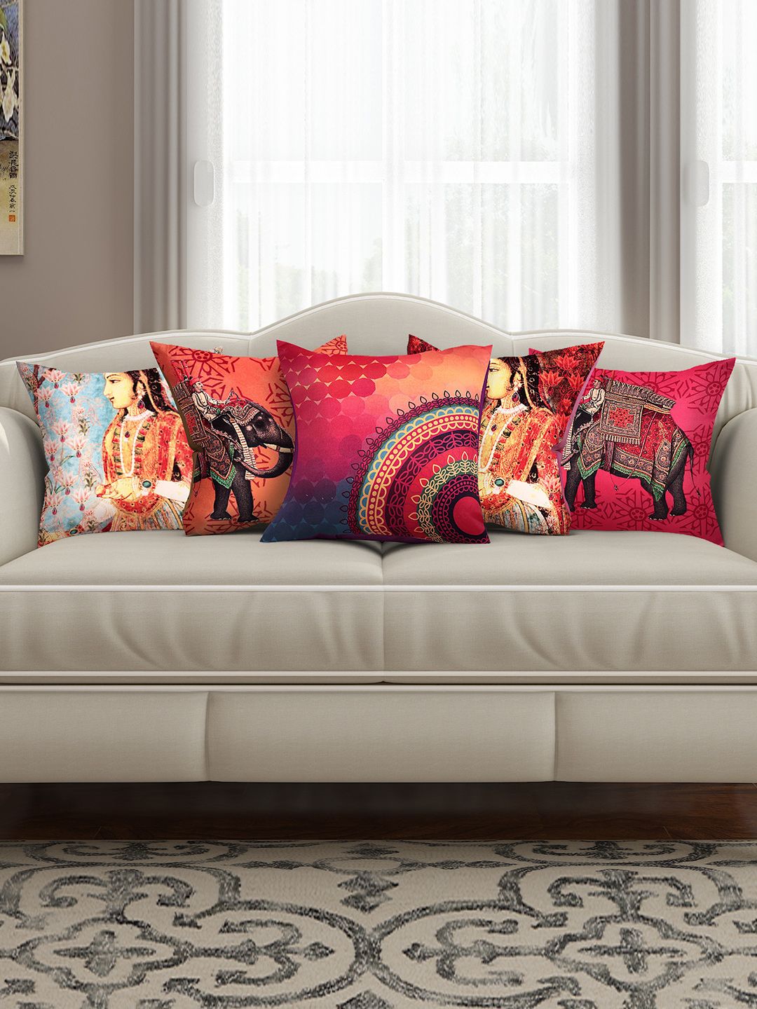 SEJ by Nisha Gupta Multicoloured Set of 5 Printed 16" x 16" Square Cushion Covers Price in India