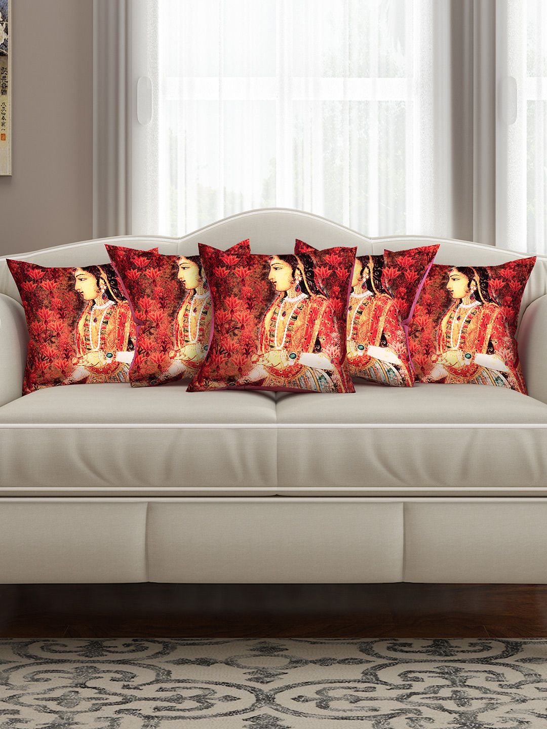 SEJ by Nisha Gupta Red Set of 5 Printed 16" X 16" Silk Square Cushion Covers Price in India