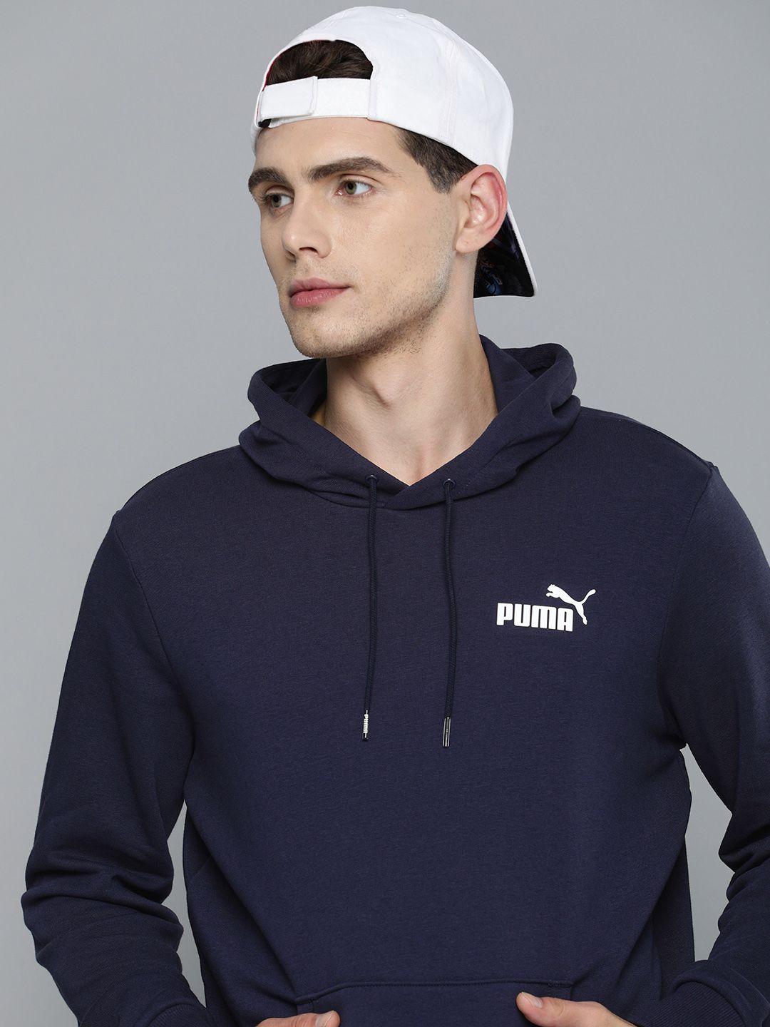 Puma Men Navy Blue Essential Small Logo Hooded Sweatshirt