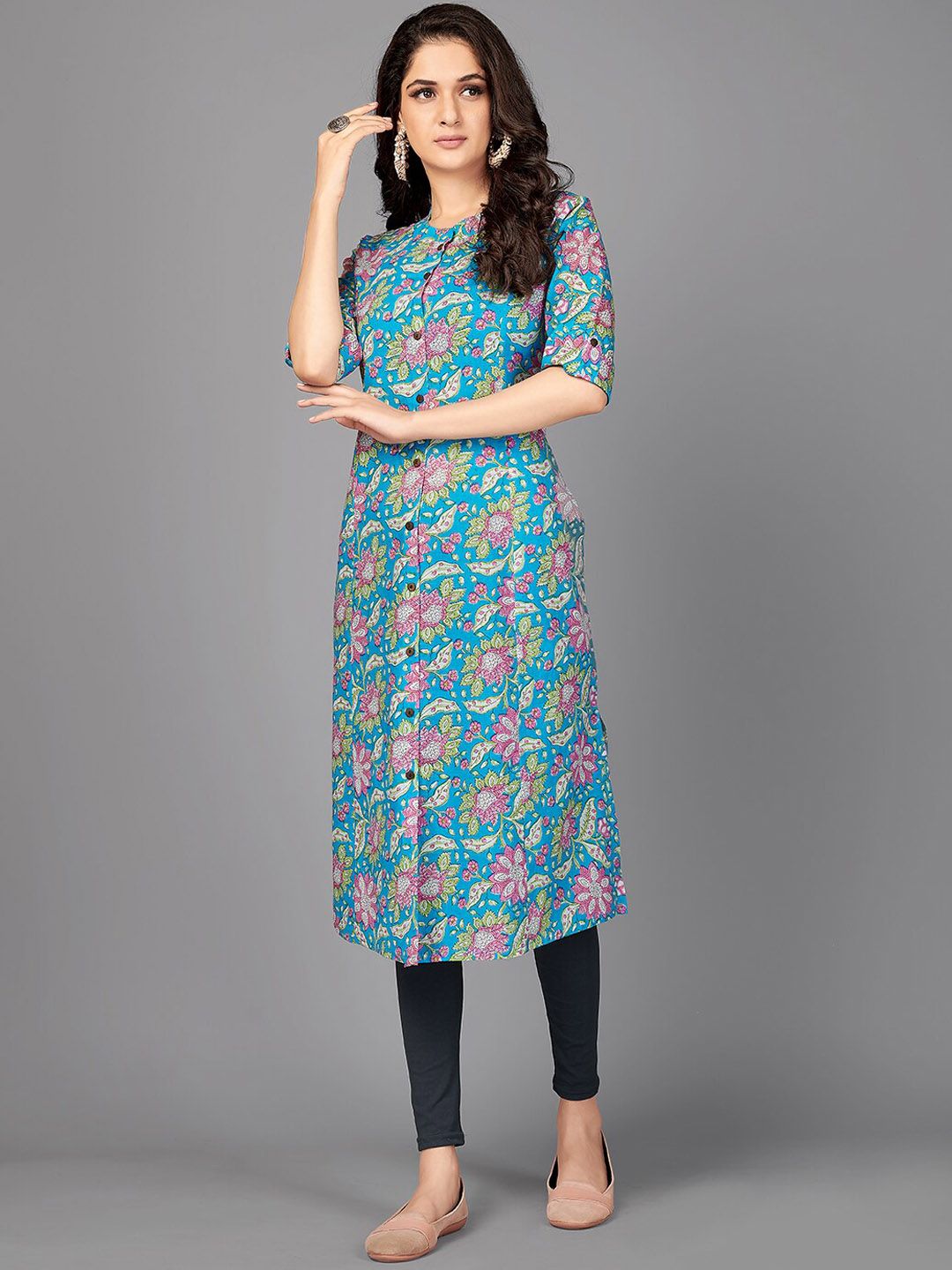 Vbuyz Women Blue Floral Printed Kurta