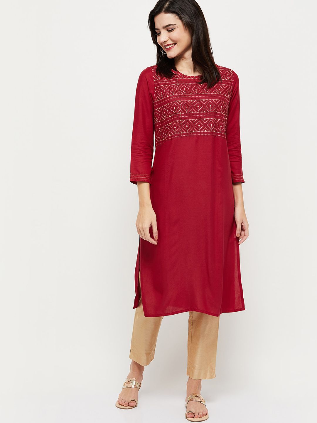 max Women Red Ethnic Motifs Yoke Design Kurta Price in India