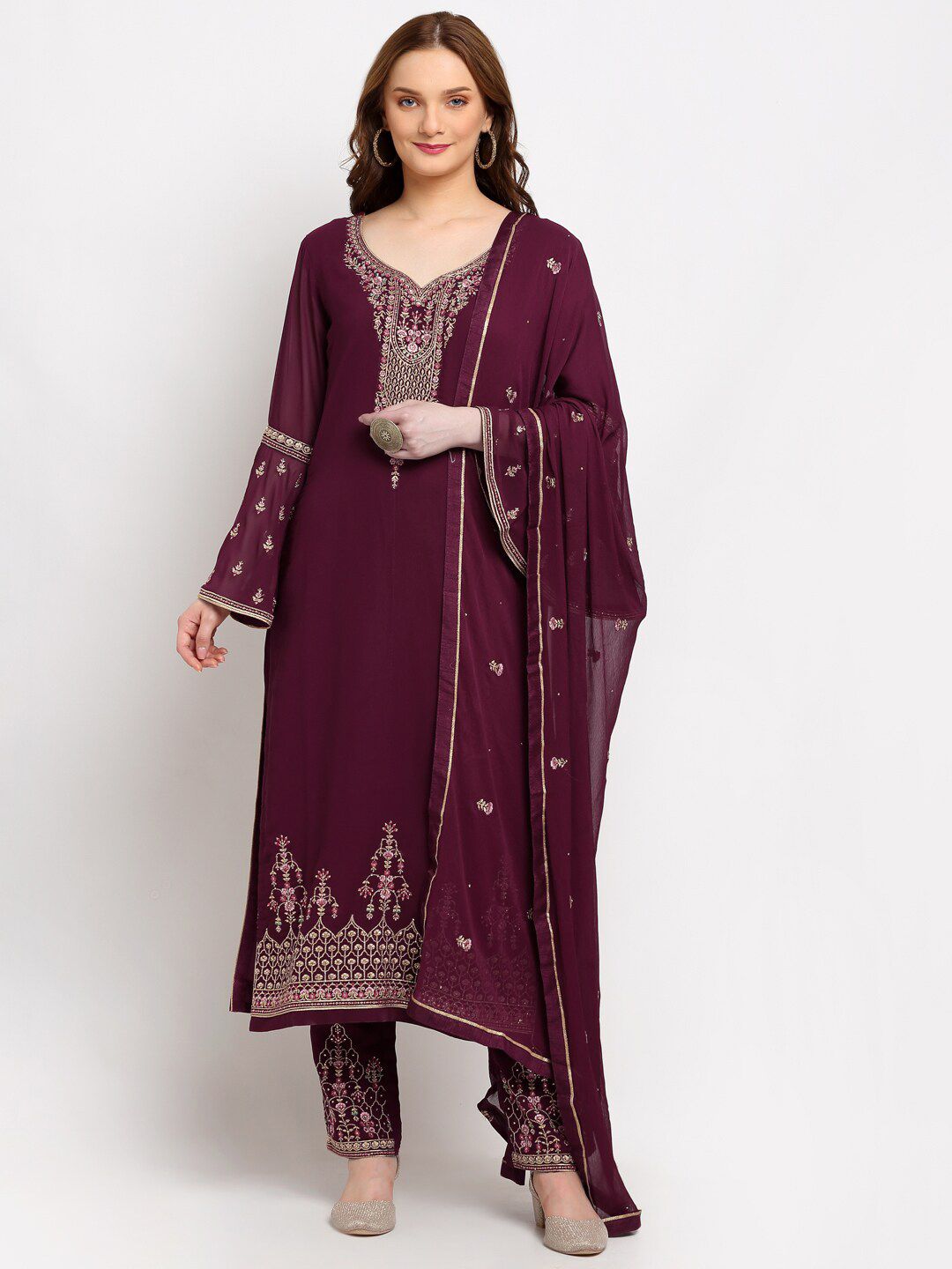 Stylee LIFESTYLE Purple Embroidered Unstitched Dress Material Price in India