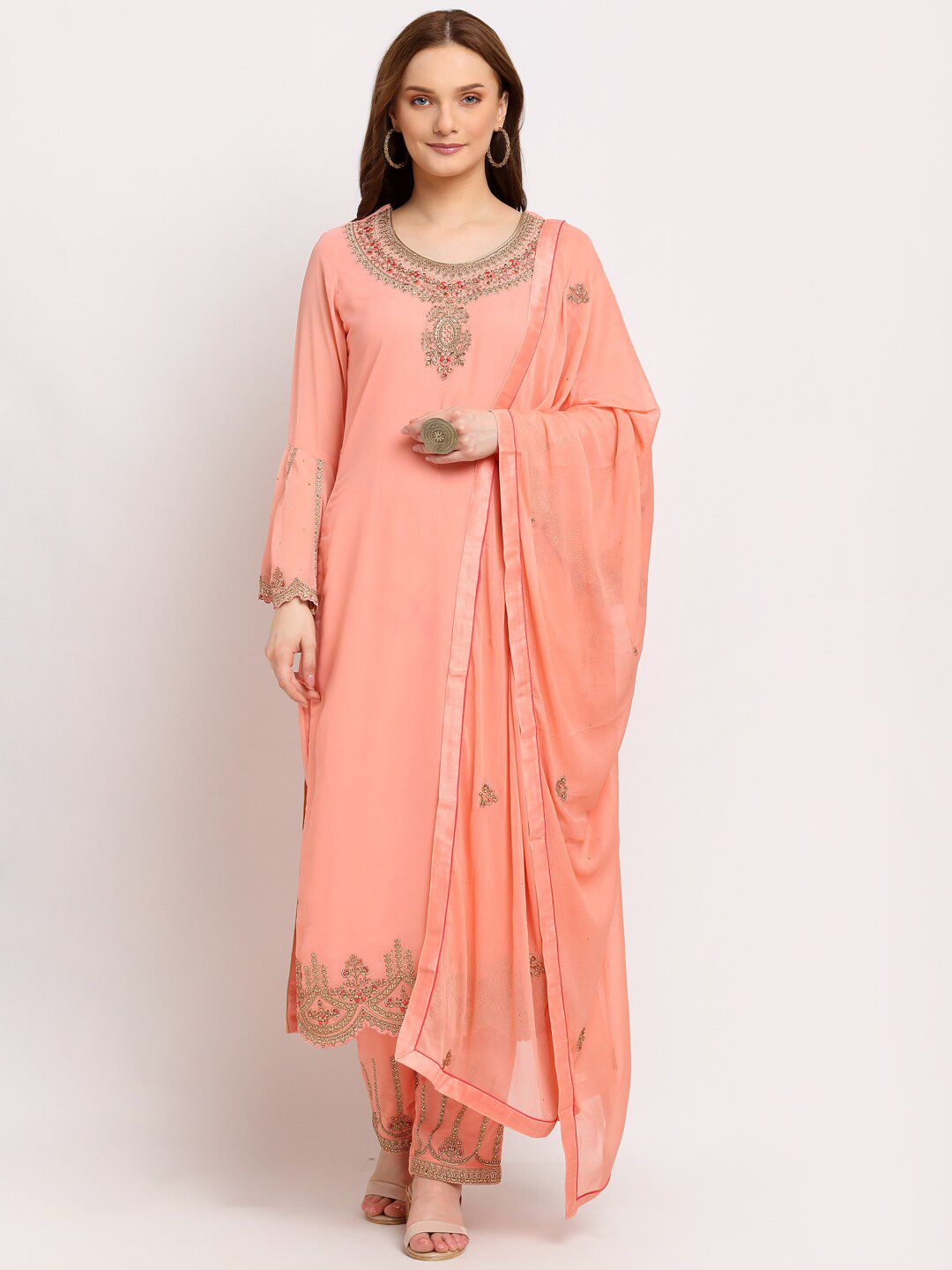 Stylee LIFESTYLE Peach-Coloured Embroidered Unstitched Dress Material Price in India