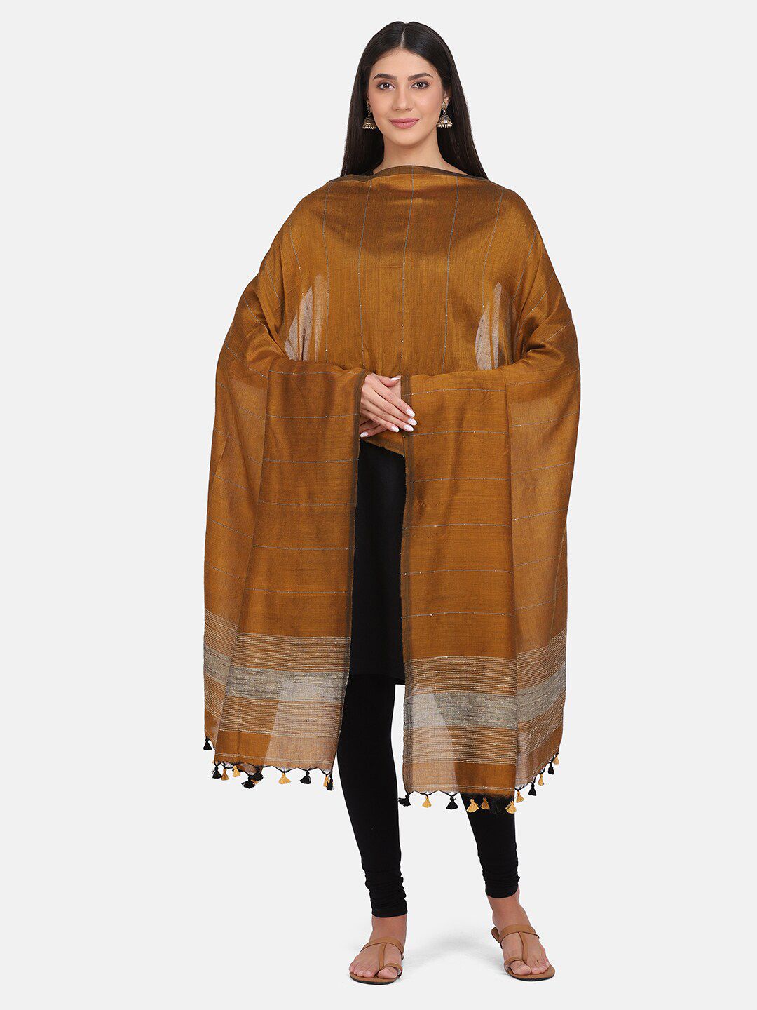 THE WEAVE TRAVELLER Brown & Grey Woven Design Dupatta Price in India