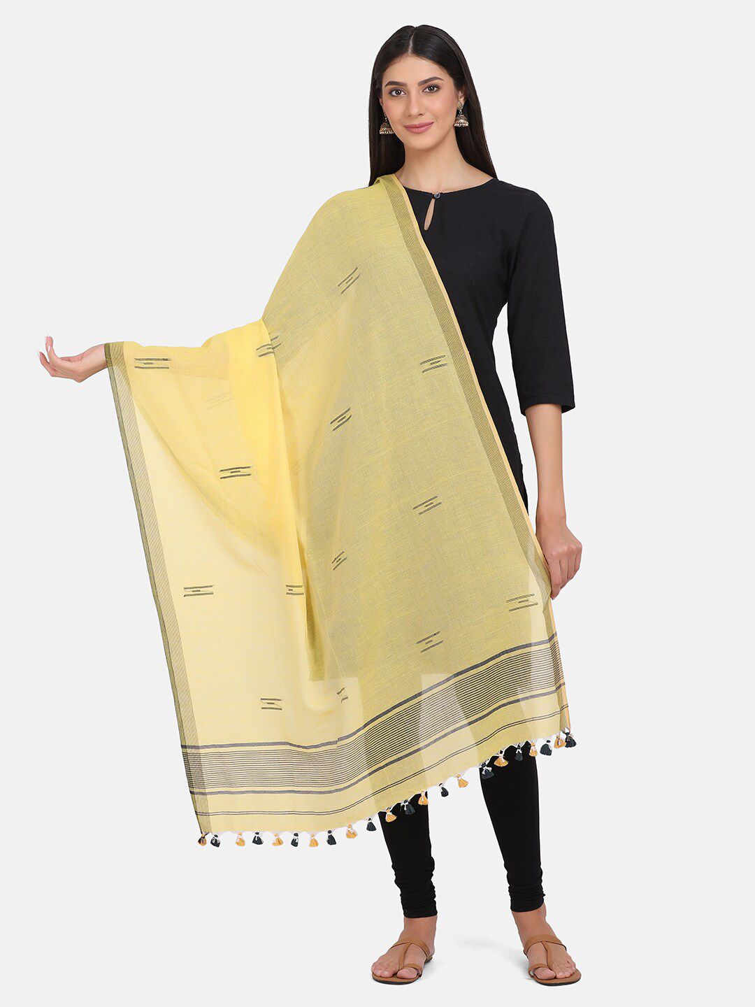 THE WEAVE TRAVELLER Yellow & Black Woven Design Pure Cotton Dupatta