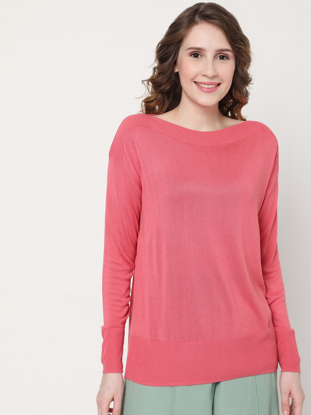 Vero Moda Women Pink Solid Boat Neck Pullover Sweater Price in India