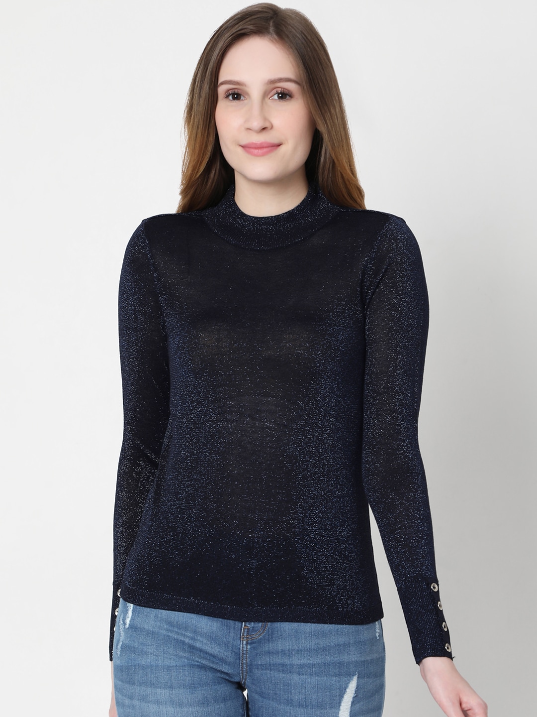 Vero Moda Women Navy Blue Shimmer Effect Pullover Sweater Price in India