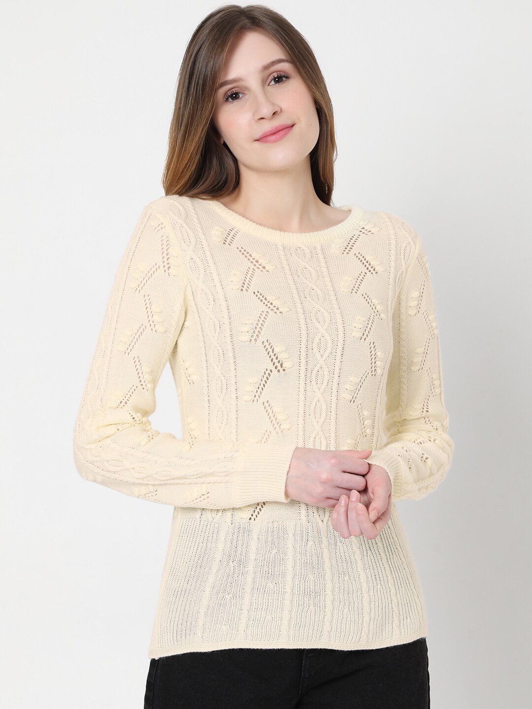 Vero Moda Women Cream-Coloured Cable Knit Pullover Sweater Price in India