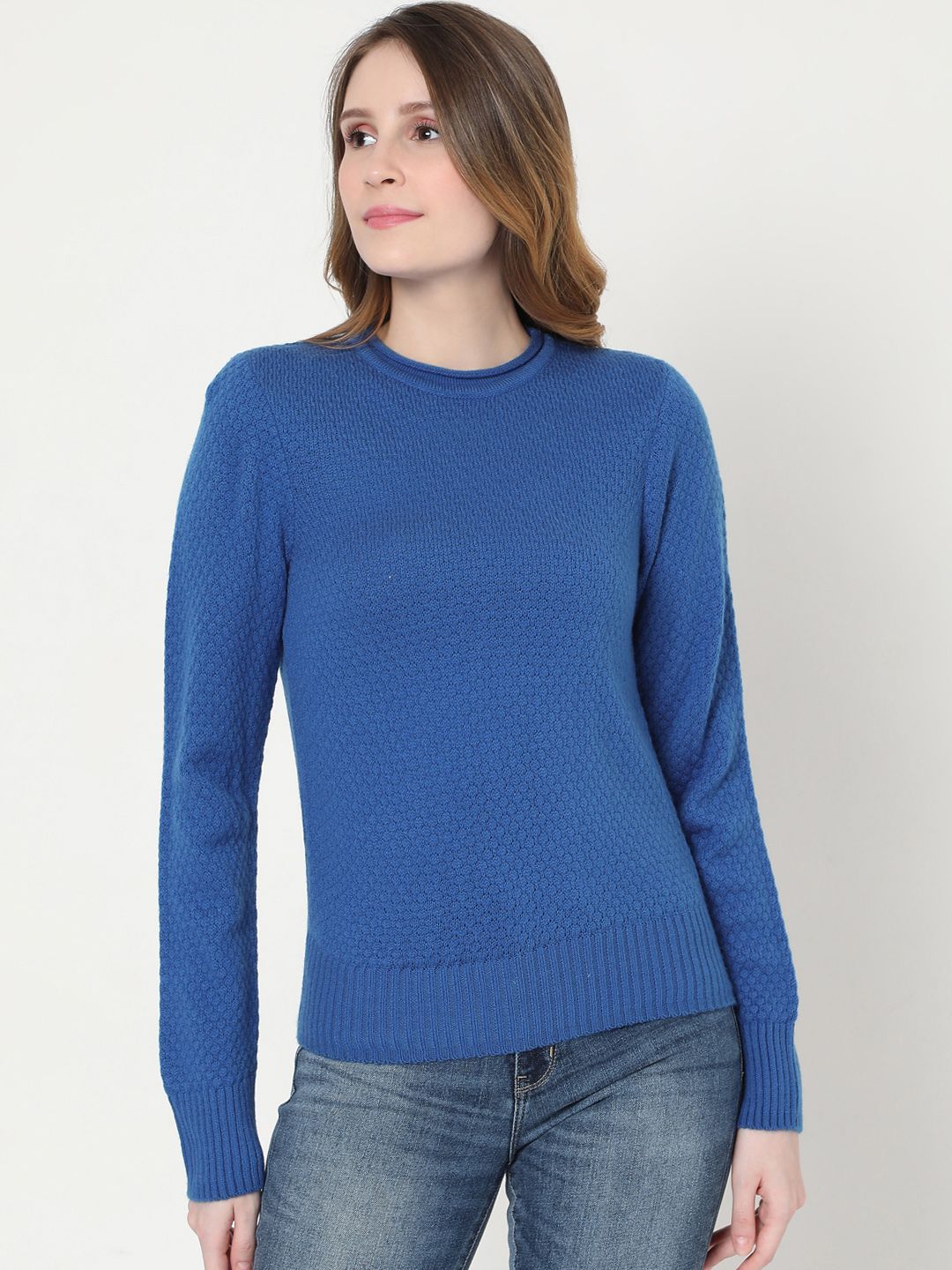 Vero Moda Women Blue Self Design Acrylic Pullover Sweater Price in India