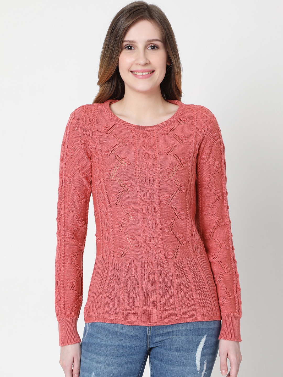 Vero Moda Women Coral Pink Cable Knit Pullover Sweater Price in India