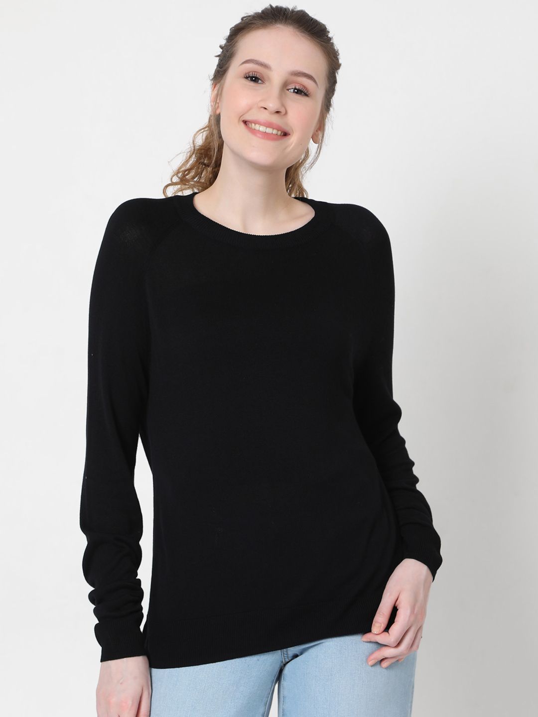 Vero Moda Women Black Solid Round-Neck Pullover Sweater Price in India
