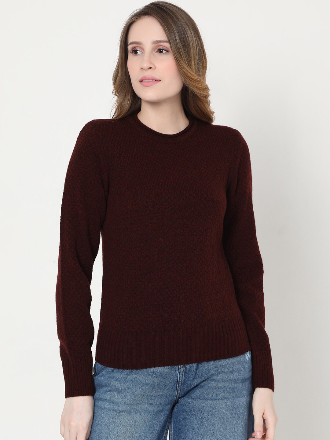 Vero Moda Women Burgundy Self Design Pullover Sweater Price in India