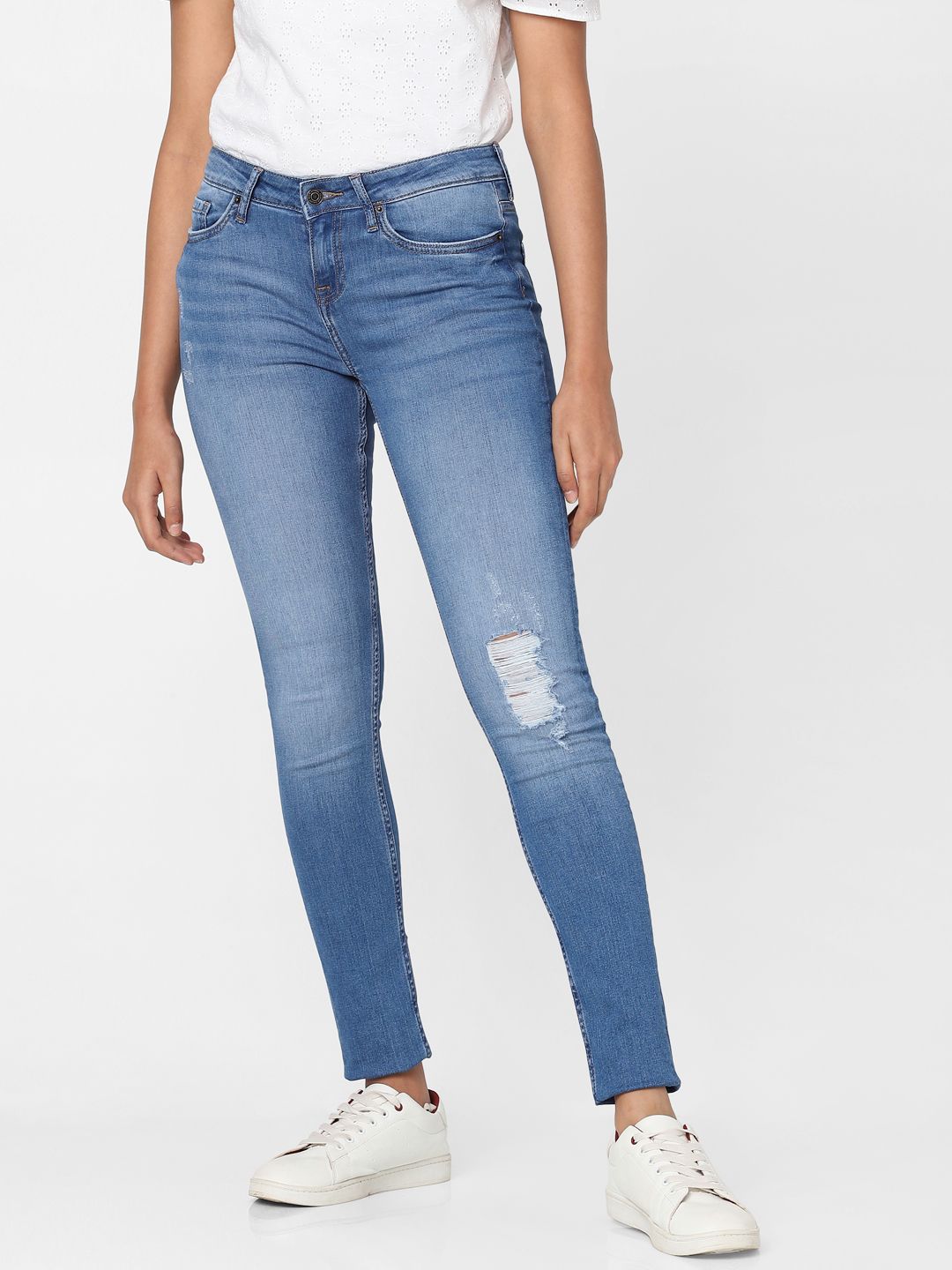 Vero Moda Women Blue Skinny Fit Low Distress Heavy Fade Stretchable Jeans Price in India