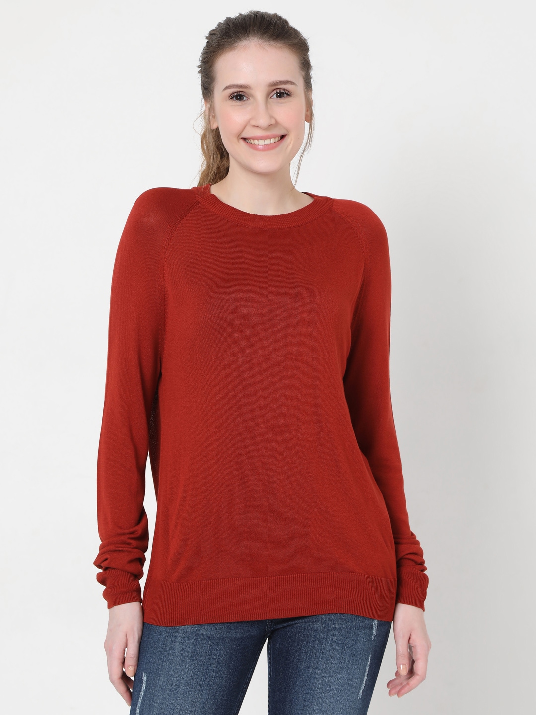 Vero Moda Women's Rust Solid Full Sleeved Sweater Price in India