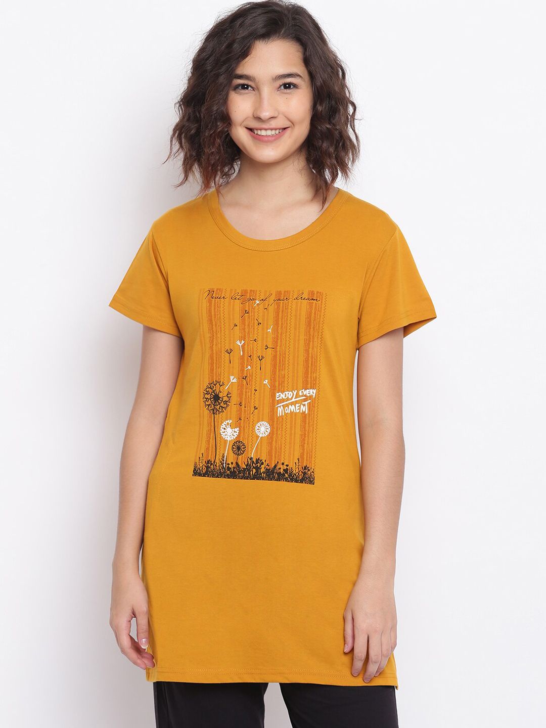 Duchess Women Mustard Yellow & White Printed Lounge T-Shirt Price in India