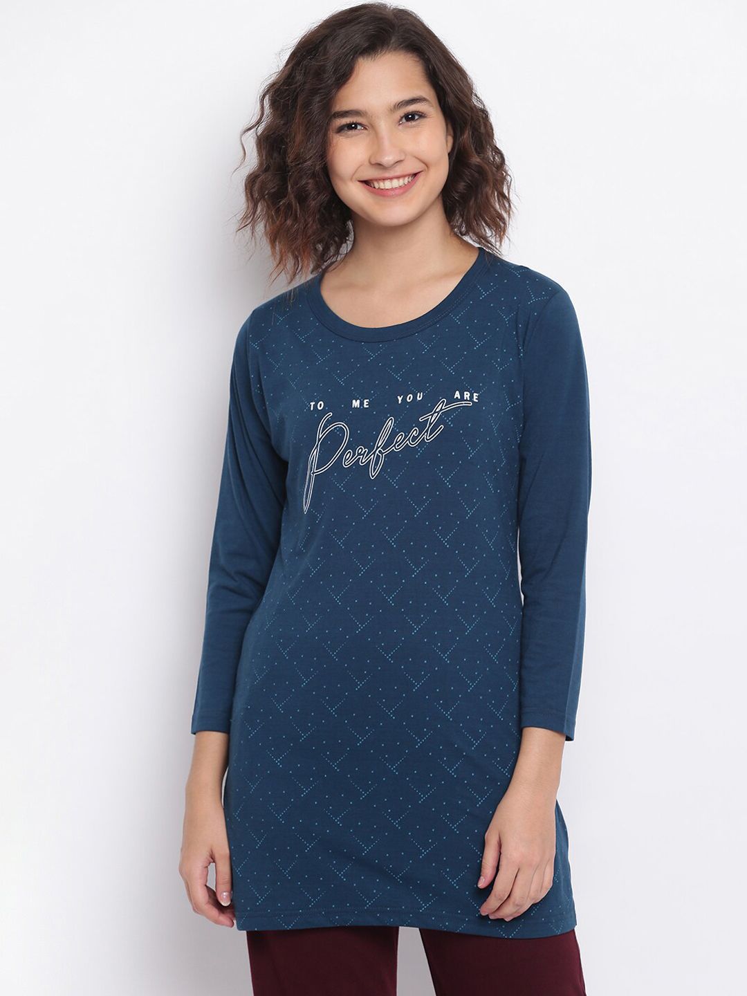 Duchess Women Blue & White Printed Lounge T-Shirt Price in India