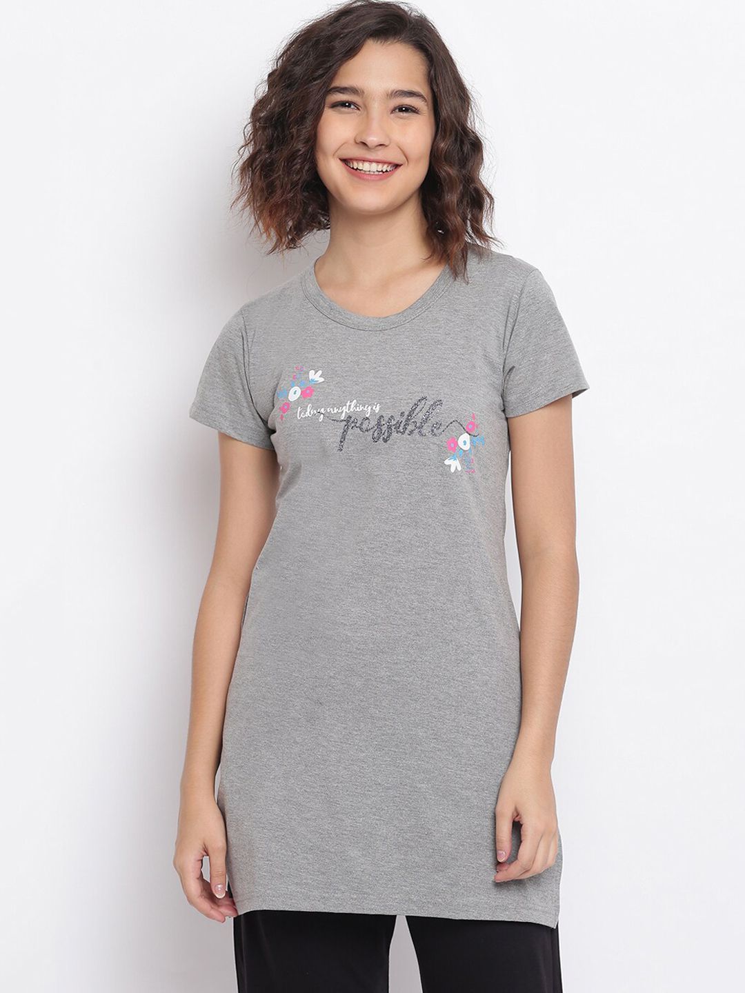 Duchess Women Grey & White Printed Lounge T-shirt Price in India