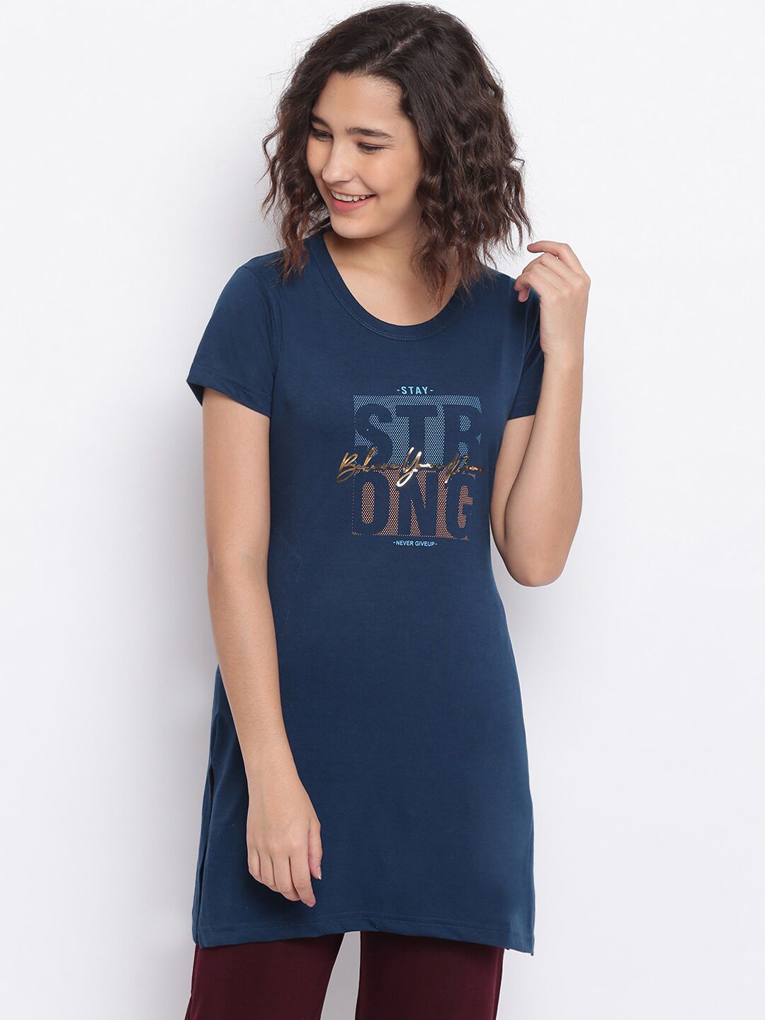 Duchess Women Blue & Gold-Coloured Printed Lounge T-Shirt Price in India