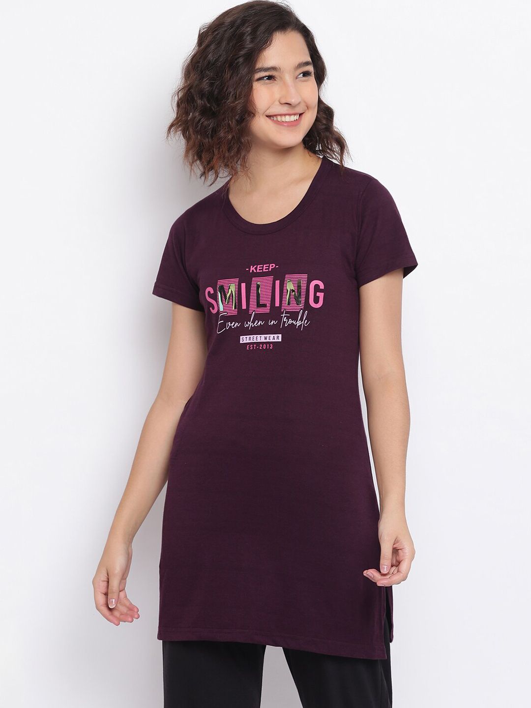 Duchess Women Burgundy & Pink Printed Lounge T-shirt Price in India