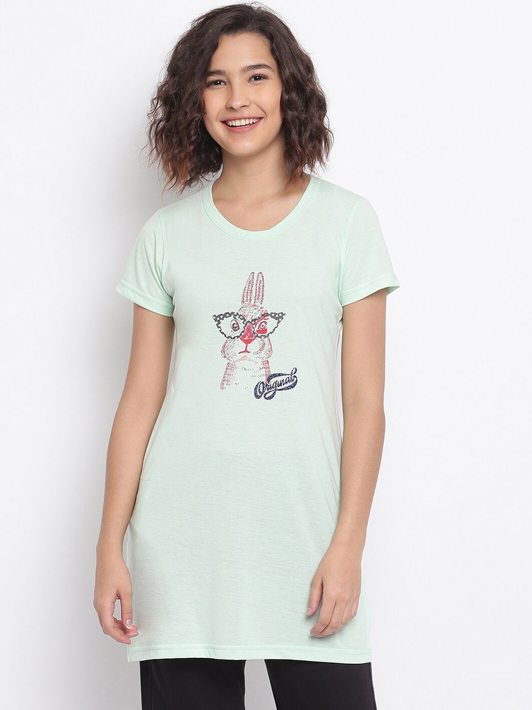 Duchess Women Sea Green & Grey Printed Lounge T-Shirt Price in India