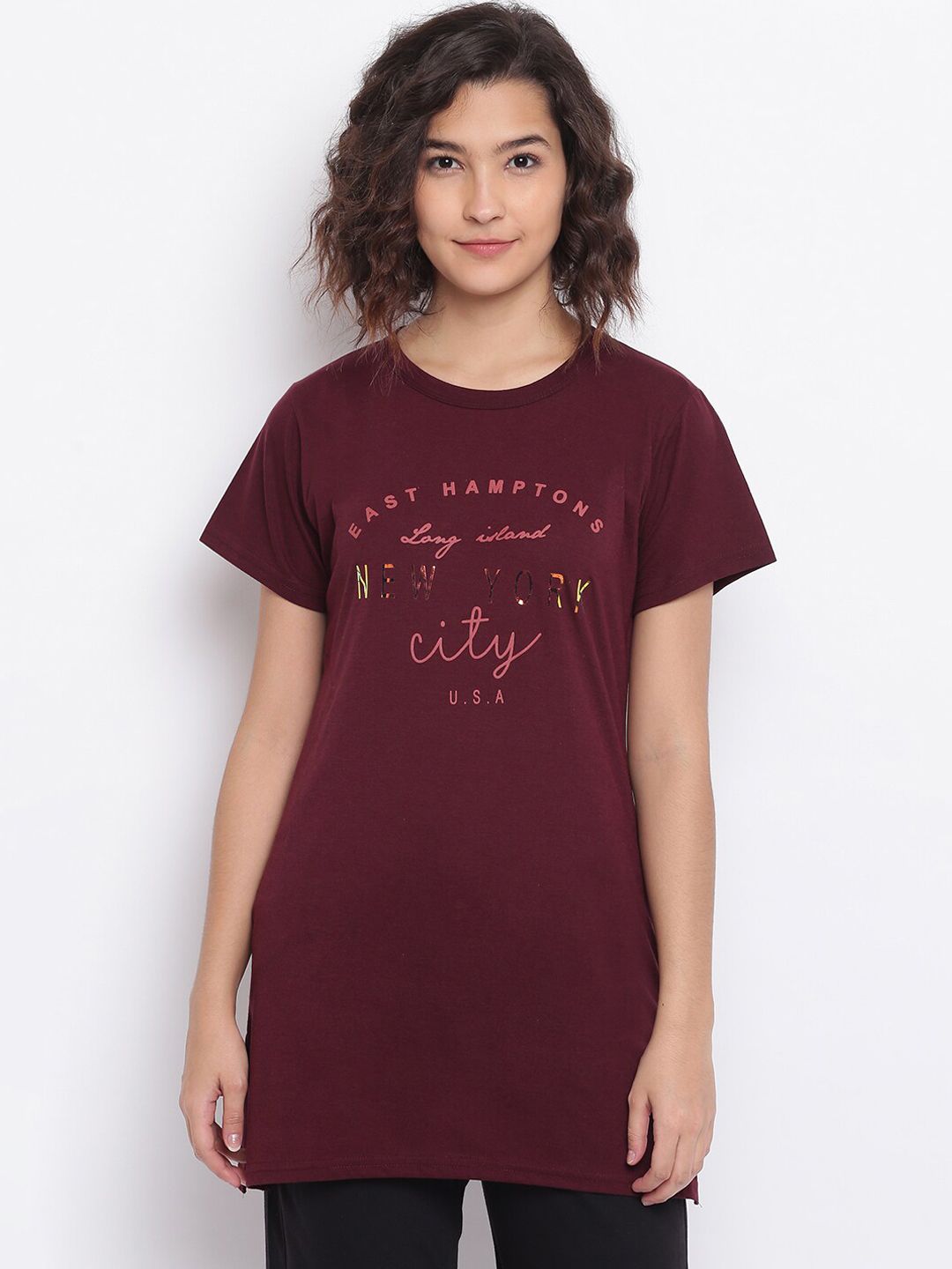 Duchess Women Maroon & Yellow Printed Lounge T-Shirt Price in India