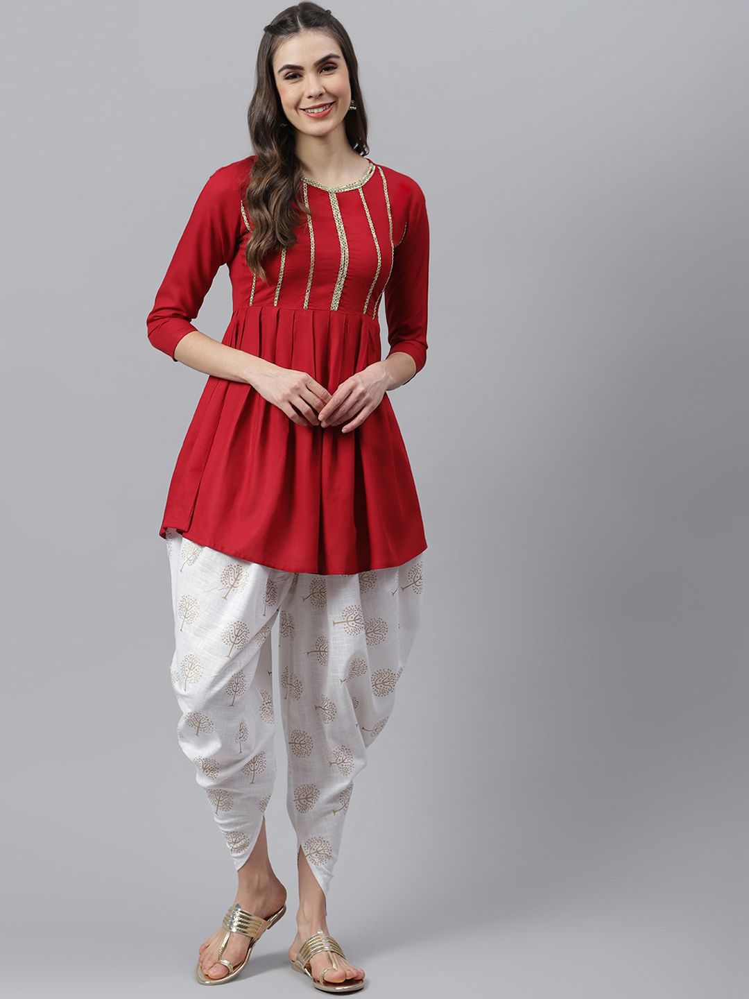 Stylum Women Red Yoke Design Pleated Thread Work Kurta with Dhoti Pants Price in India