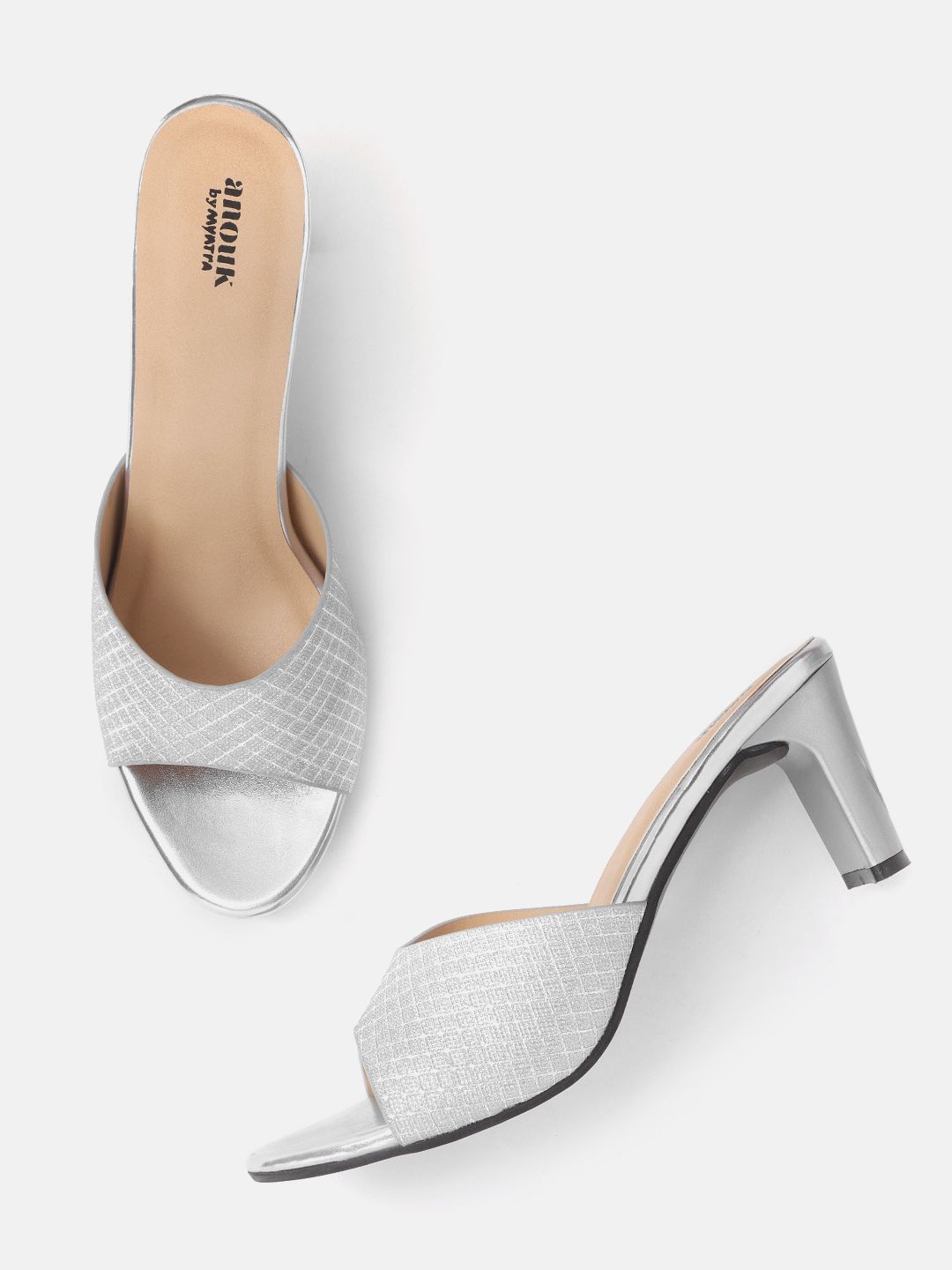 Anouk Silver-Toned Shimmery Textured Open-Toe Block Heels Price in India