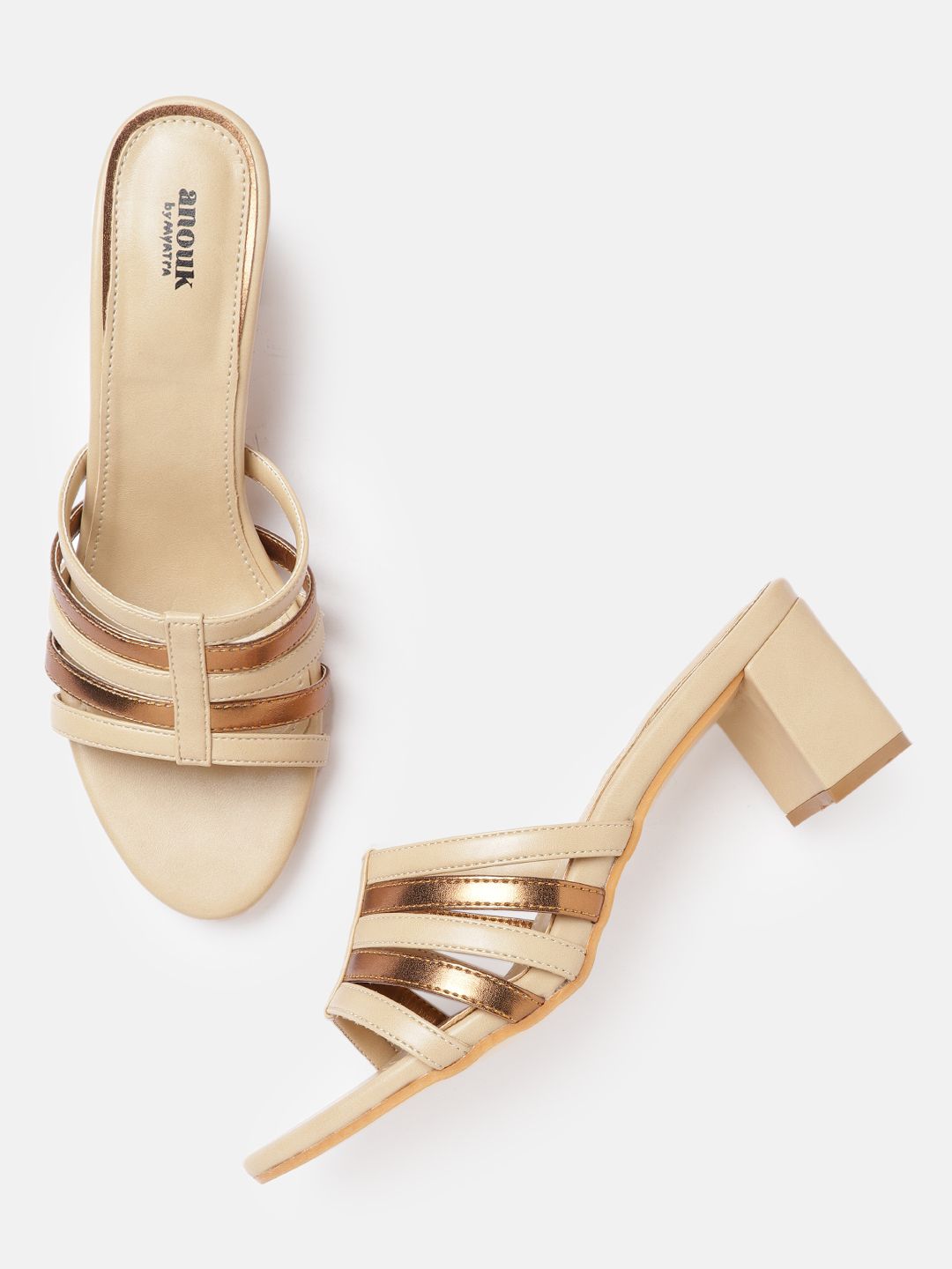 Anouk Beige & Gold-Toned Strappy Block Heels Price in India