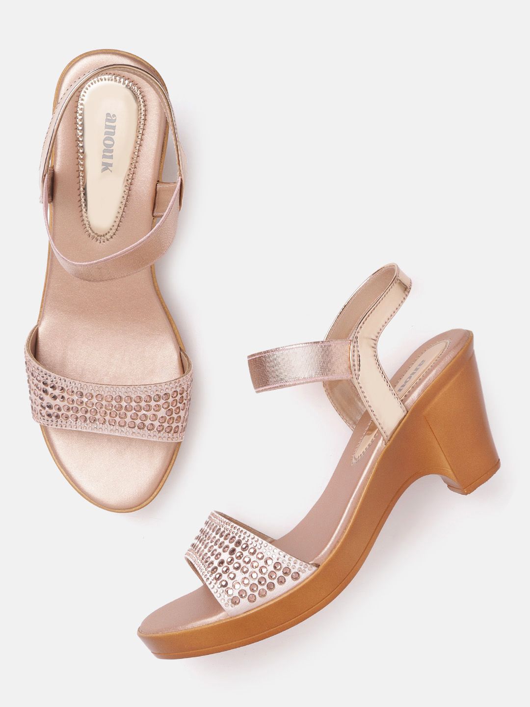 Anouk Rose Gold-Toned Embellished Party Open-Toe Block Heels Price in India