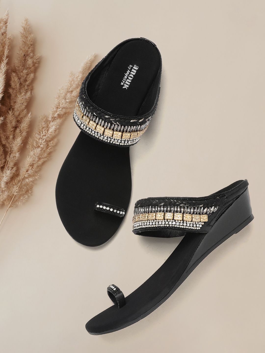 Anouk Black & Gold-Toned Embellished Wedges Price in India