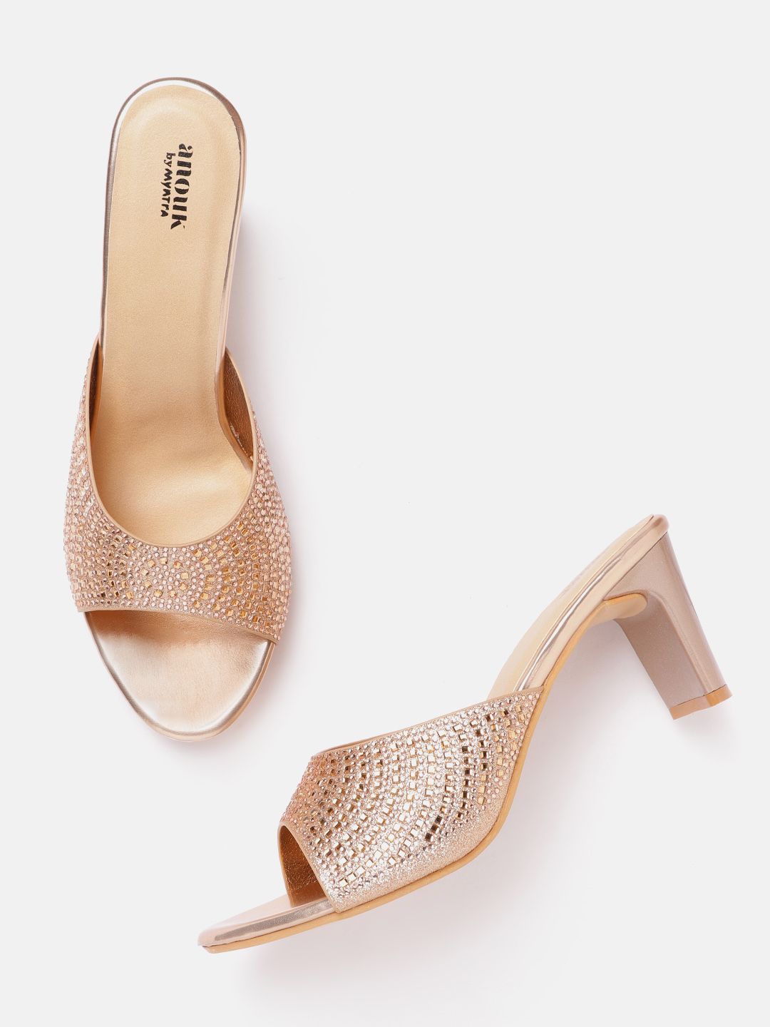 Anouk Rose Gold-Toned Embellished Party Open-Toe Block Heels Price in India
