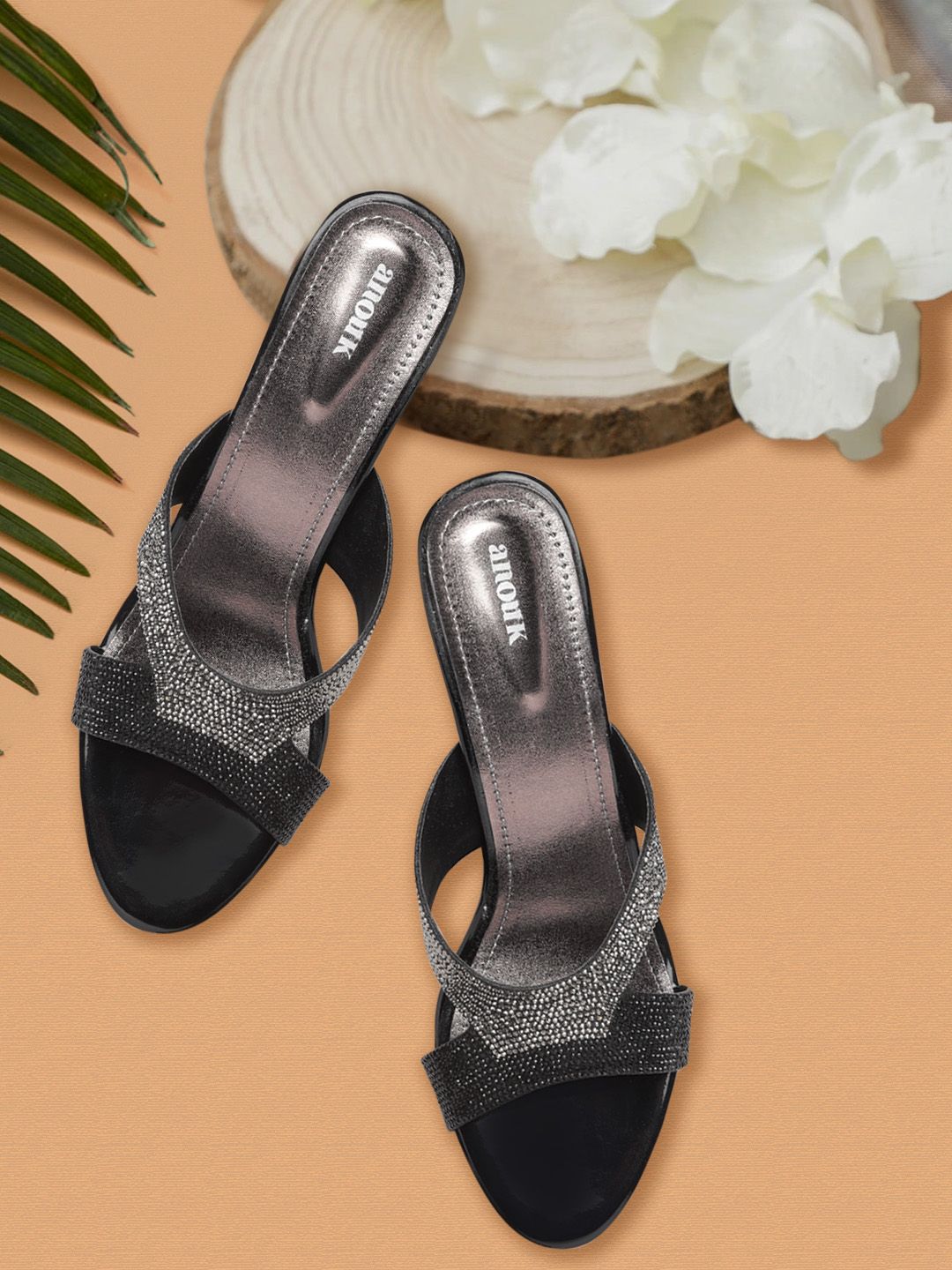 Anouk Black & Silver-Toned Embellished Block Sandals Price in India