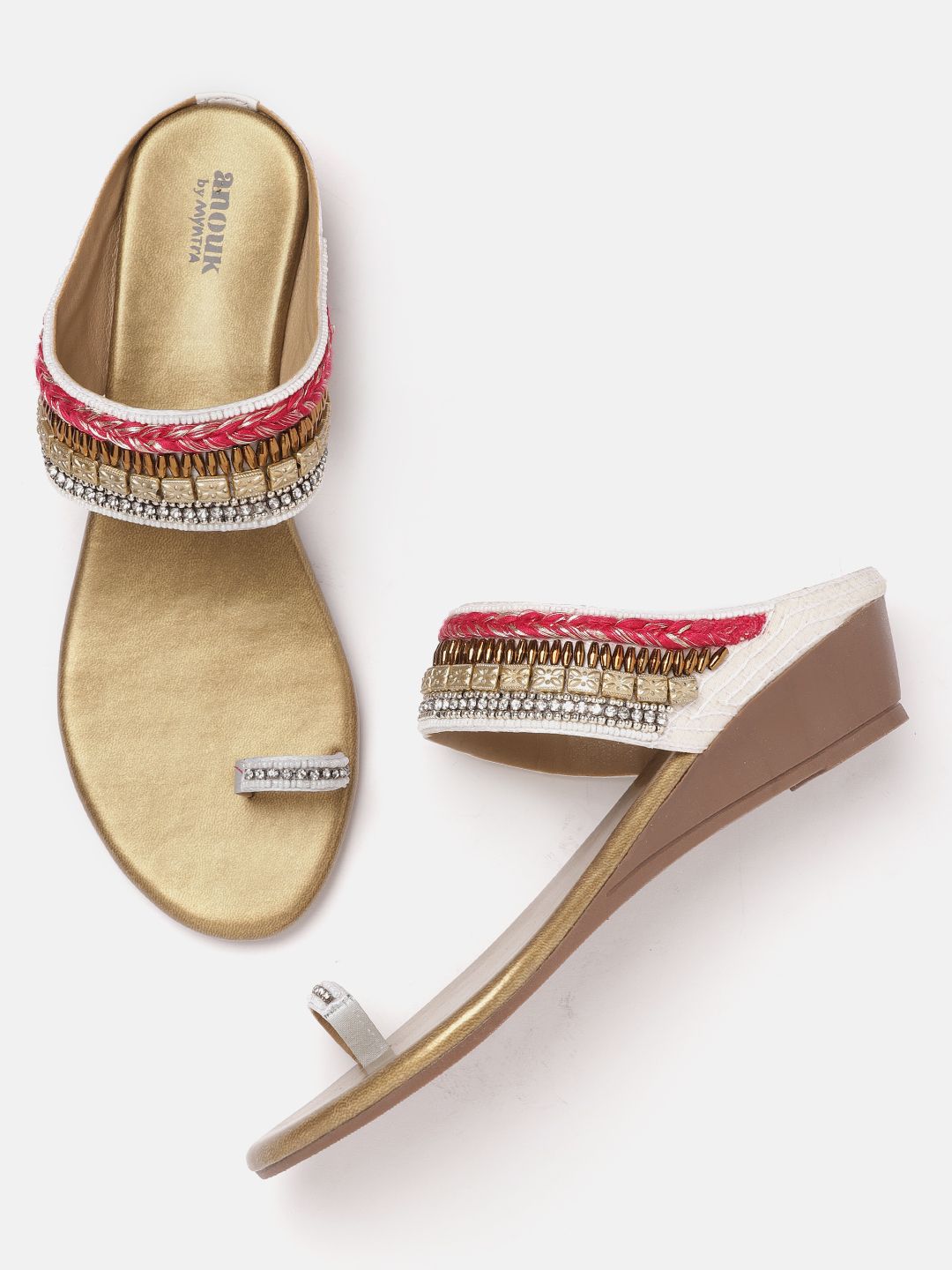Anouk Off-White & Gold-Toned Embellished Wedges Price in India