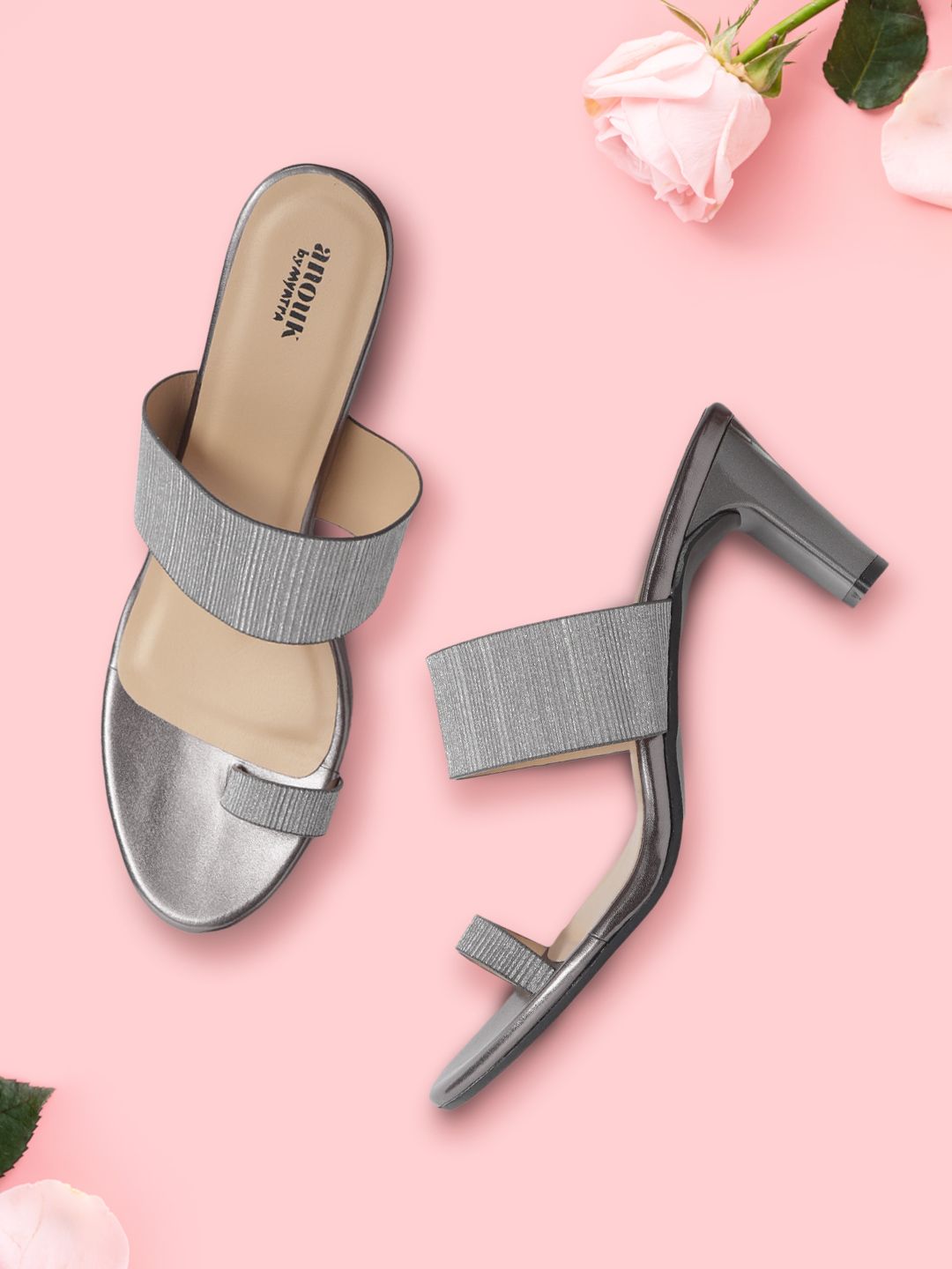 Anouk Silver-Toned Shimmery Textured One-Toe Block Heels Price in India